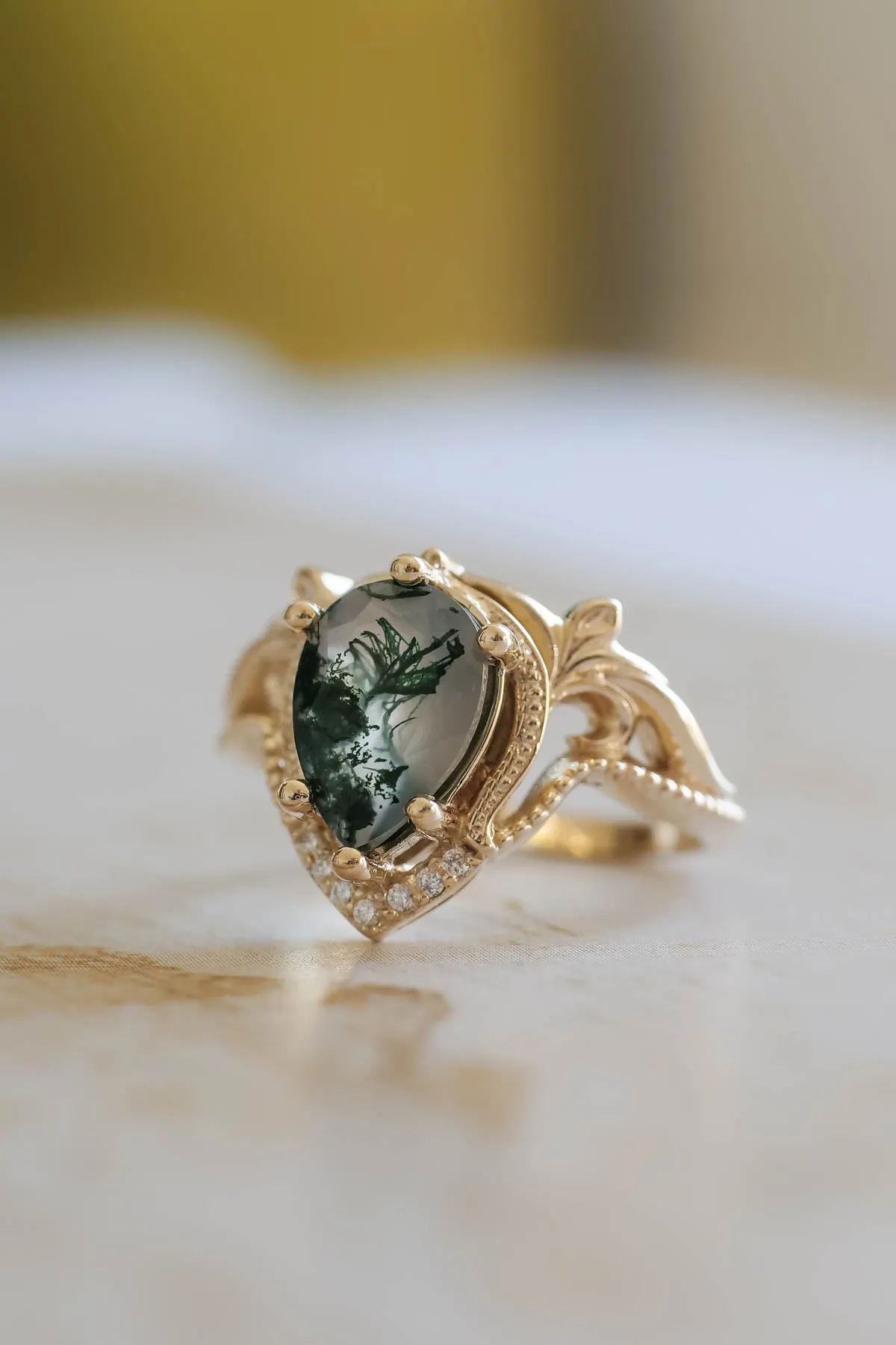 Moss agate white gold ring, one of a kind engagement ring / Lida