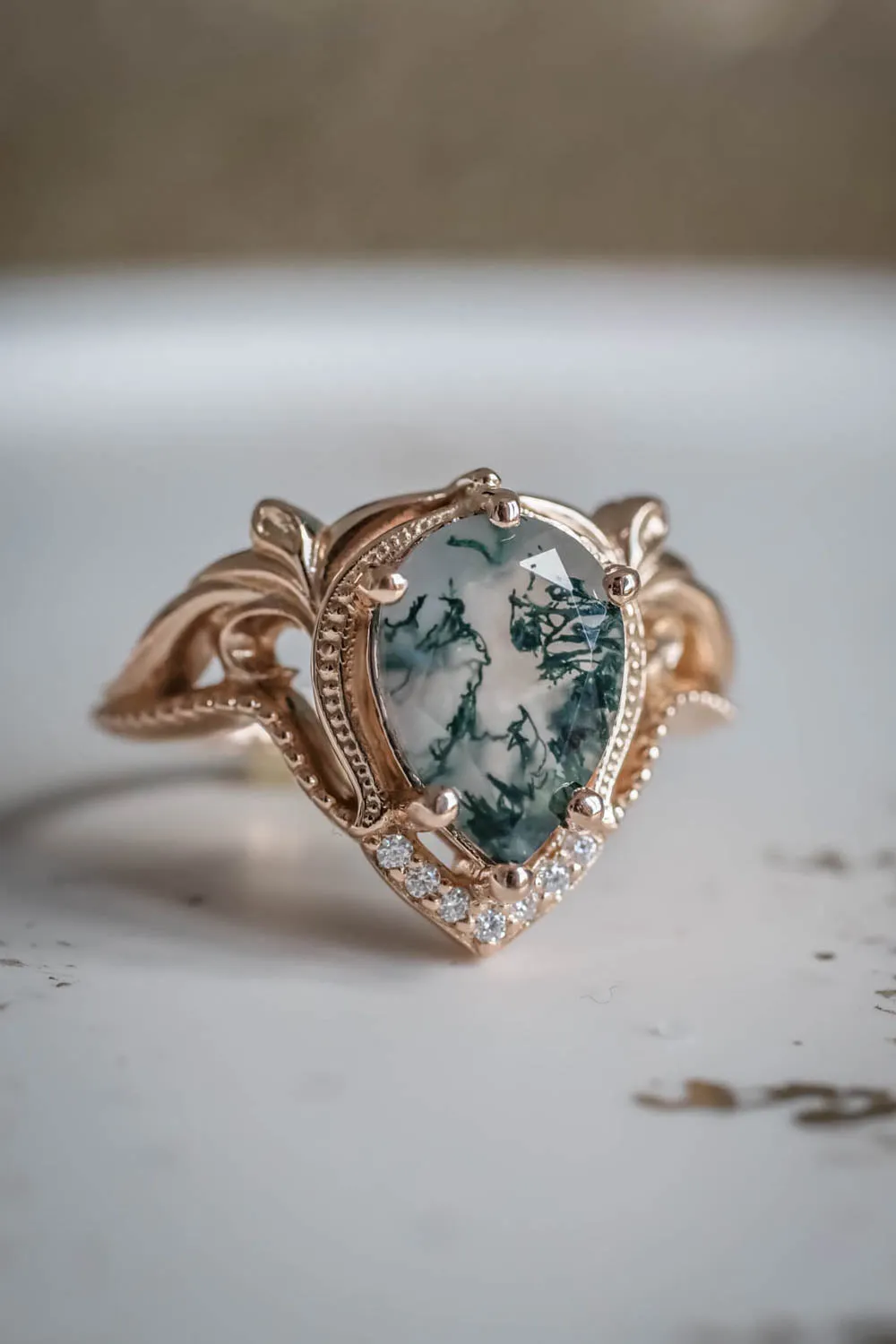 Moss agate white gold ring, one of a kind engagement ring / Lida