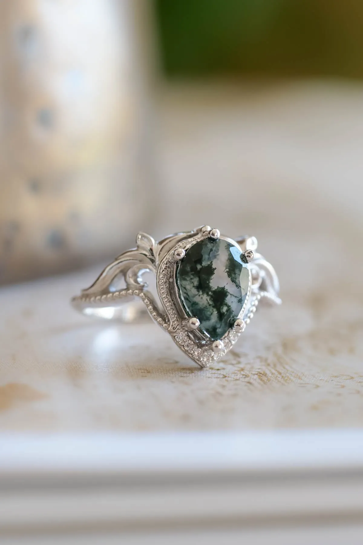 Moss agate white gold ring, one of a kind engagement ring / Lida