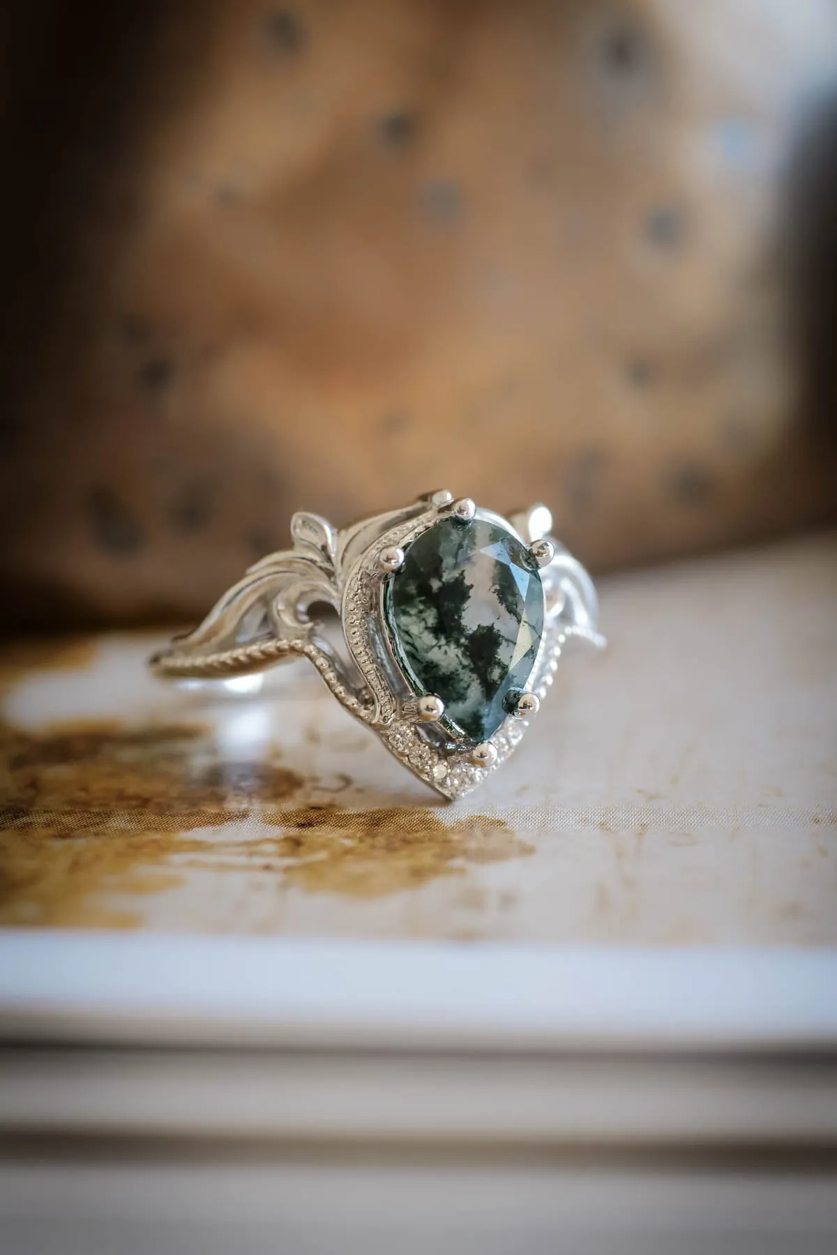 Moss agate white gold ring, one of a kind engagement ring / Lida