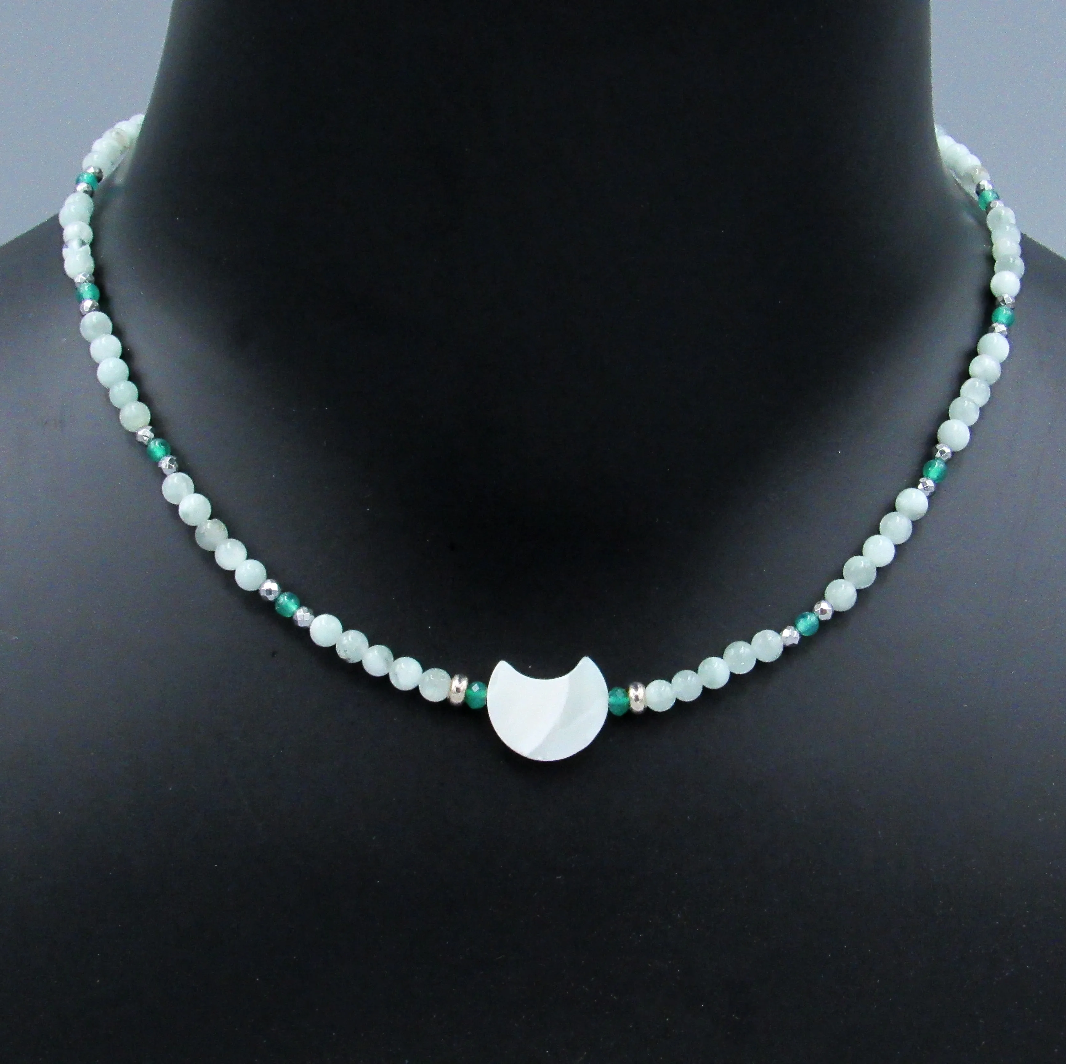 Mother of Pearl Moon Necklace w/ Green Moonstones, Green Onyx, Hematite, and Sterling Silver