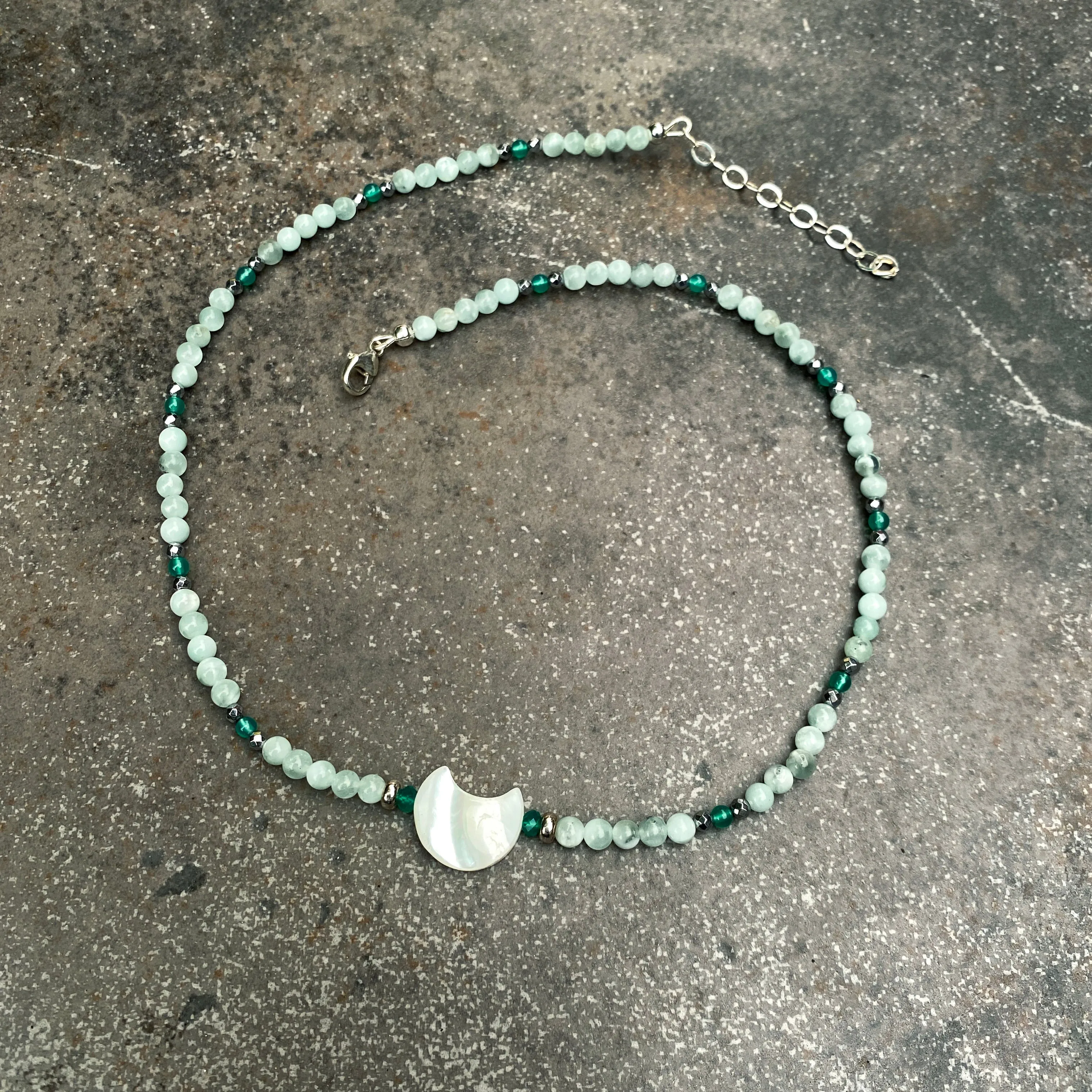 Mother of Pearl Moon Necklace w/ Green Moonstones, Green Onyx, Hematite, and Sterling Silver