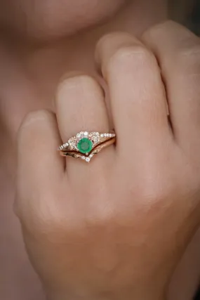 Natural emerald engagement ring set, nature inspired gold rings / Amelia