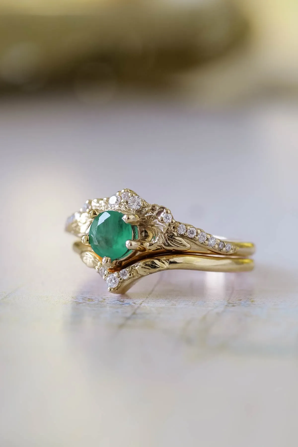 Natural emerald engagement ring set, nature inspired gold rings / Amelia