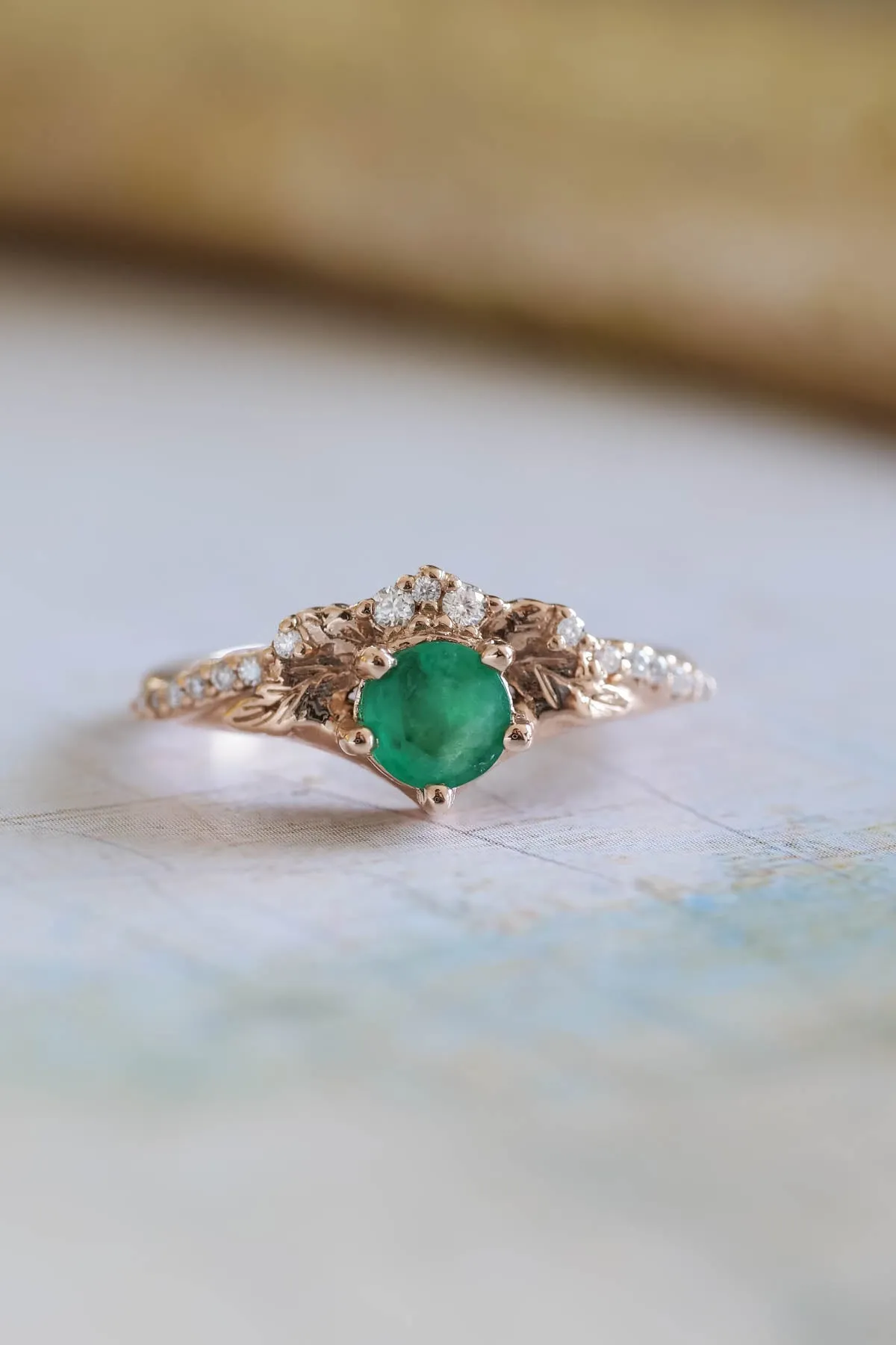 Natural emerald engagement ring set, nature inspired gold rings / Amelia