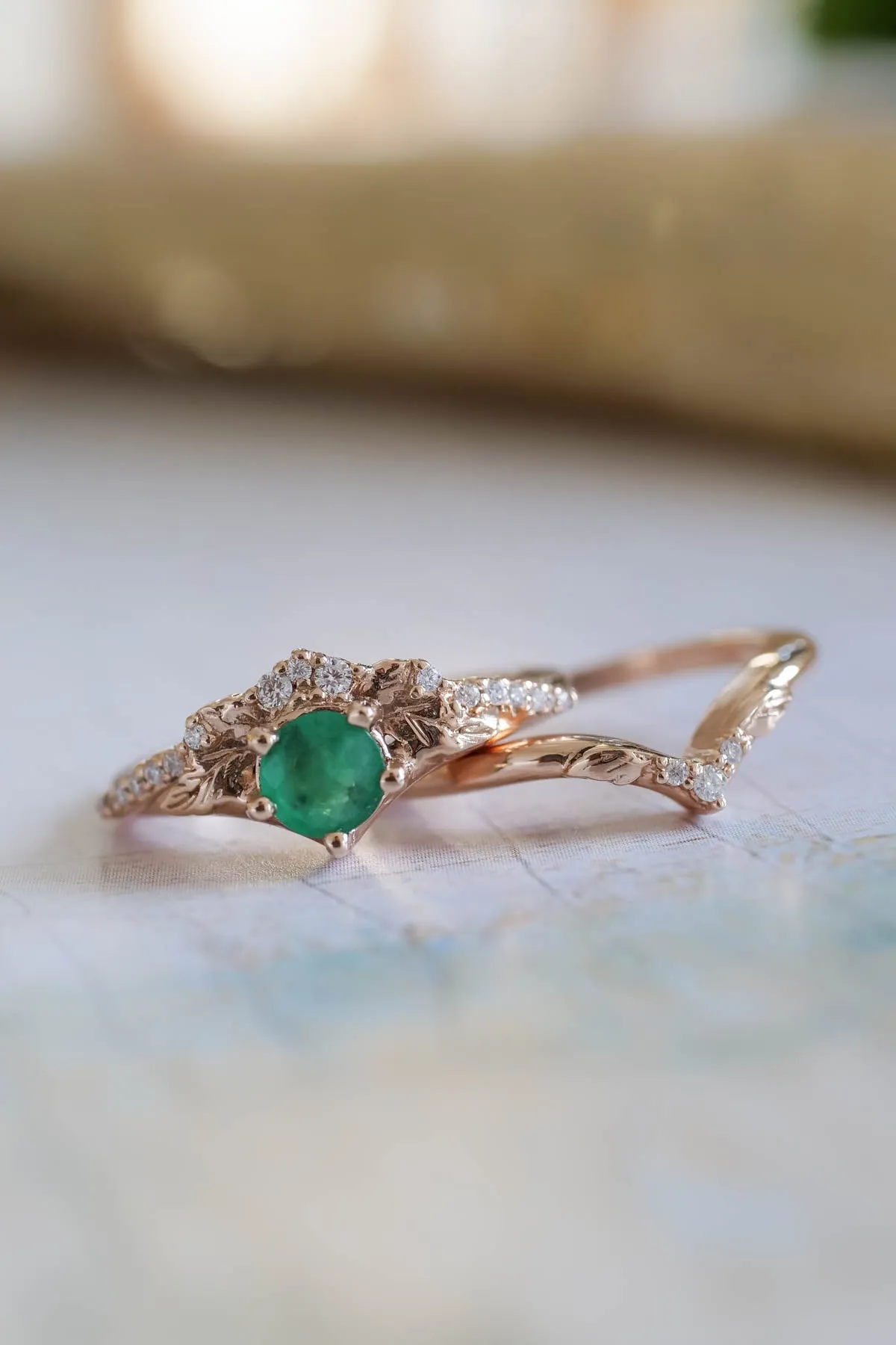 Natural emerald engagement ring set, nature inspired gold rings / Amelia