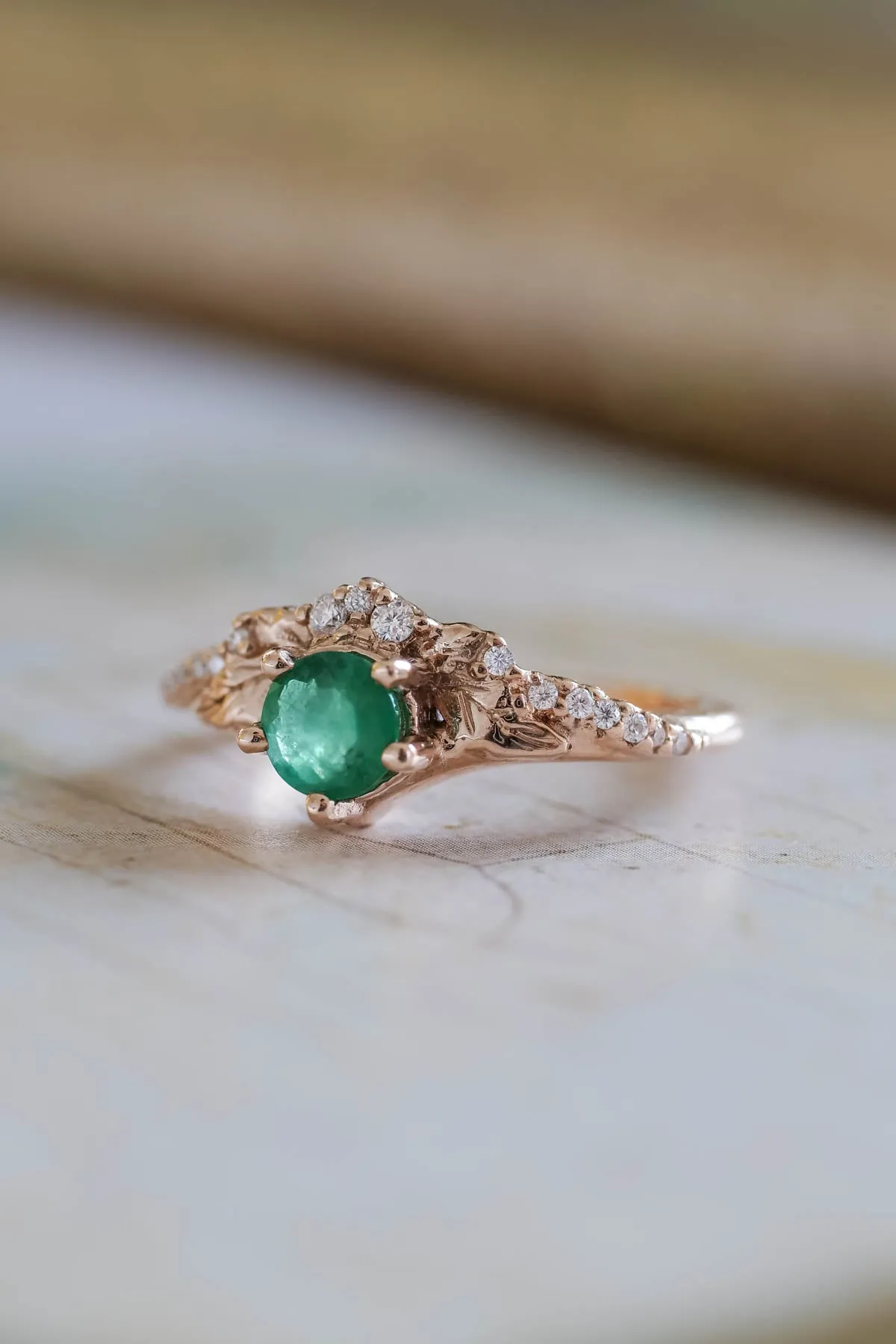 Natural emerald engagement ring set, nature inspired gold rings / Amelia