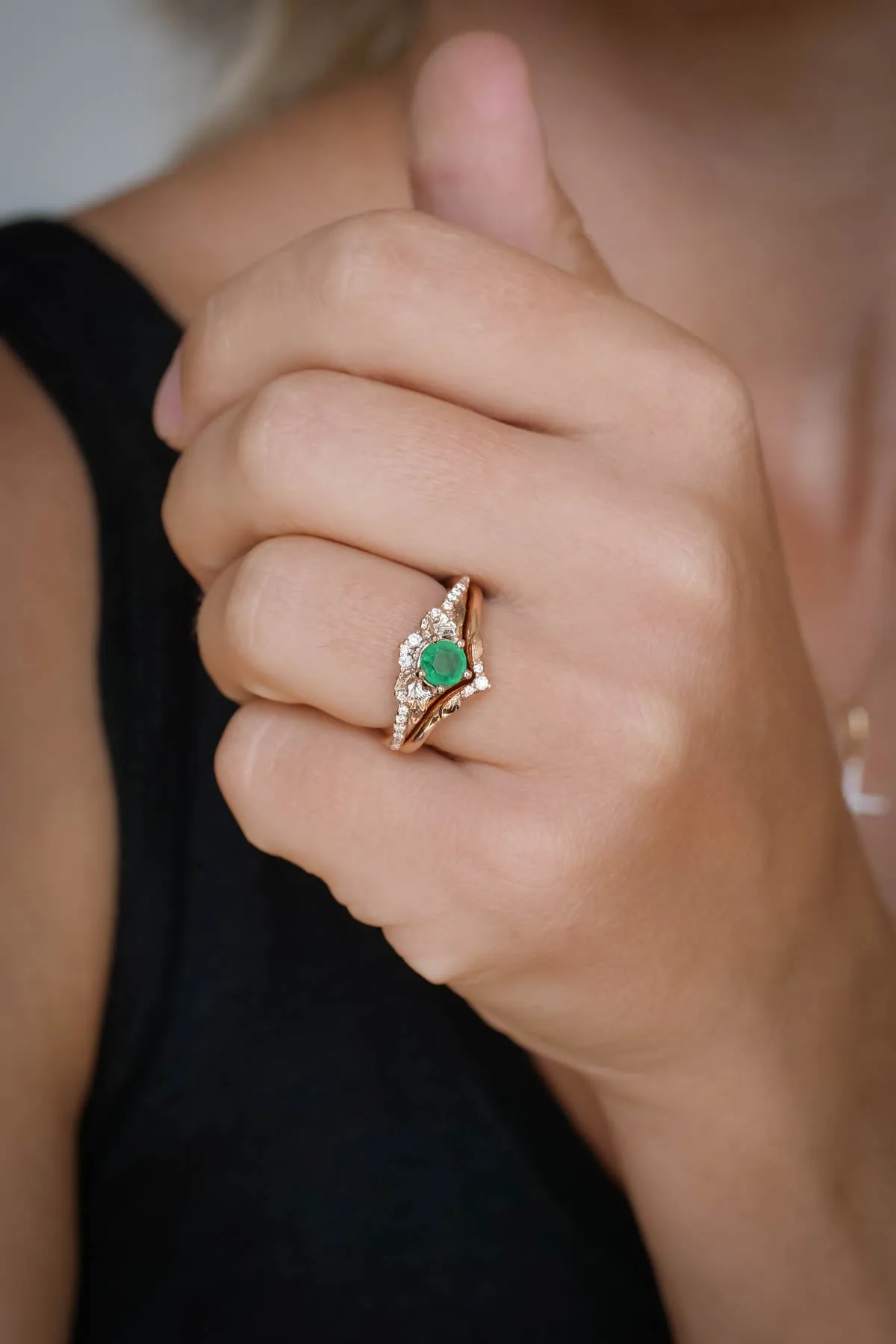 Natural emerald engagement ring set, nature inspired gold rings / Amelia