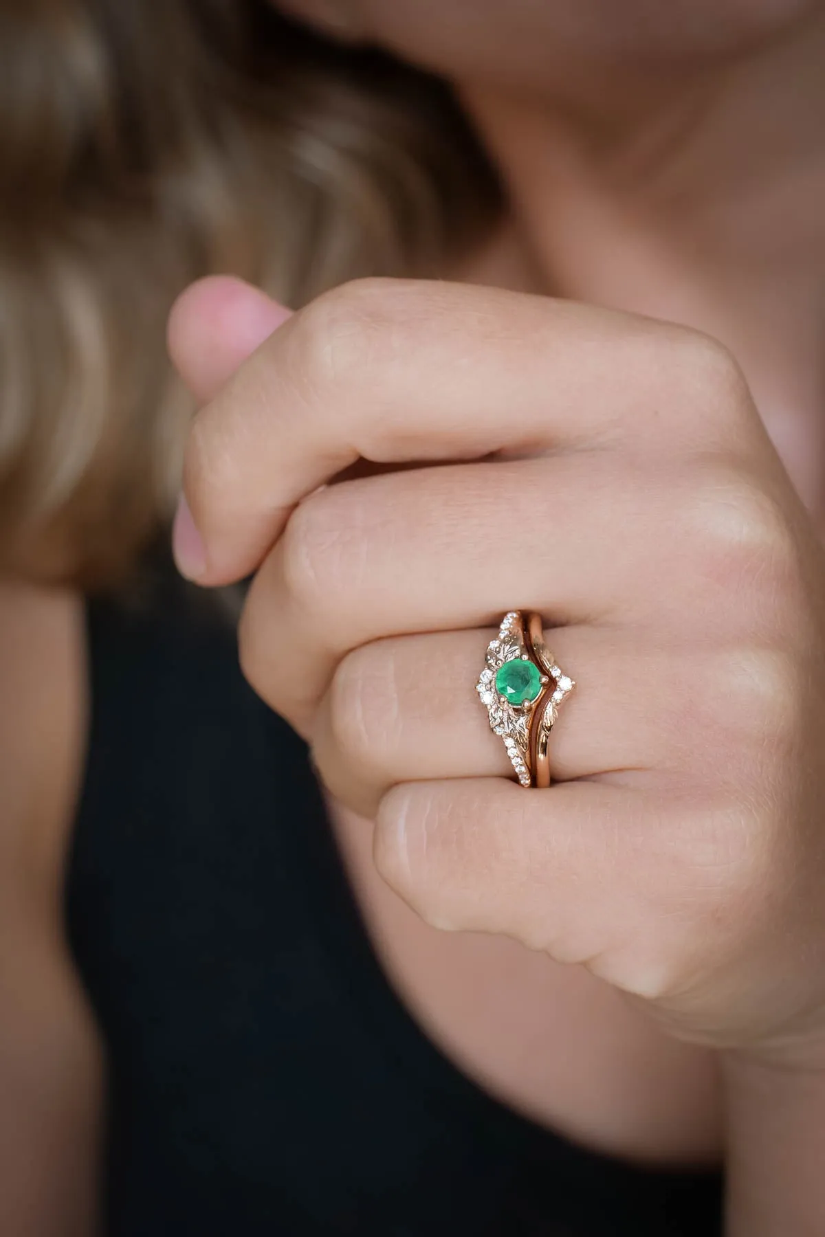 Natural emerald engagement ring set, nature inspired gold rings / Amelia