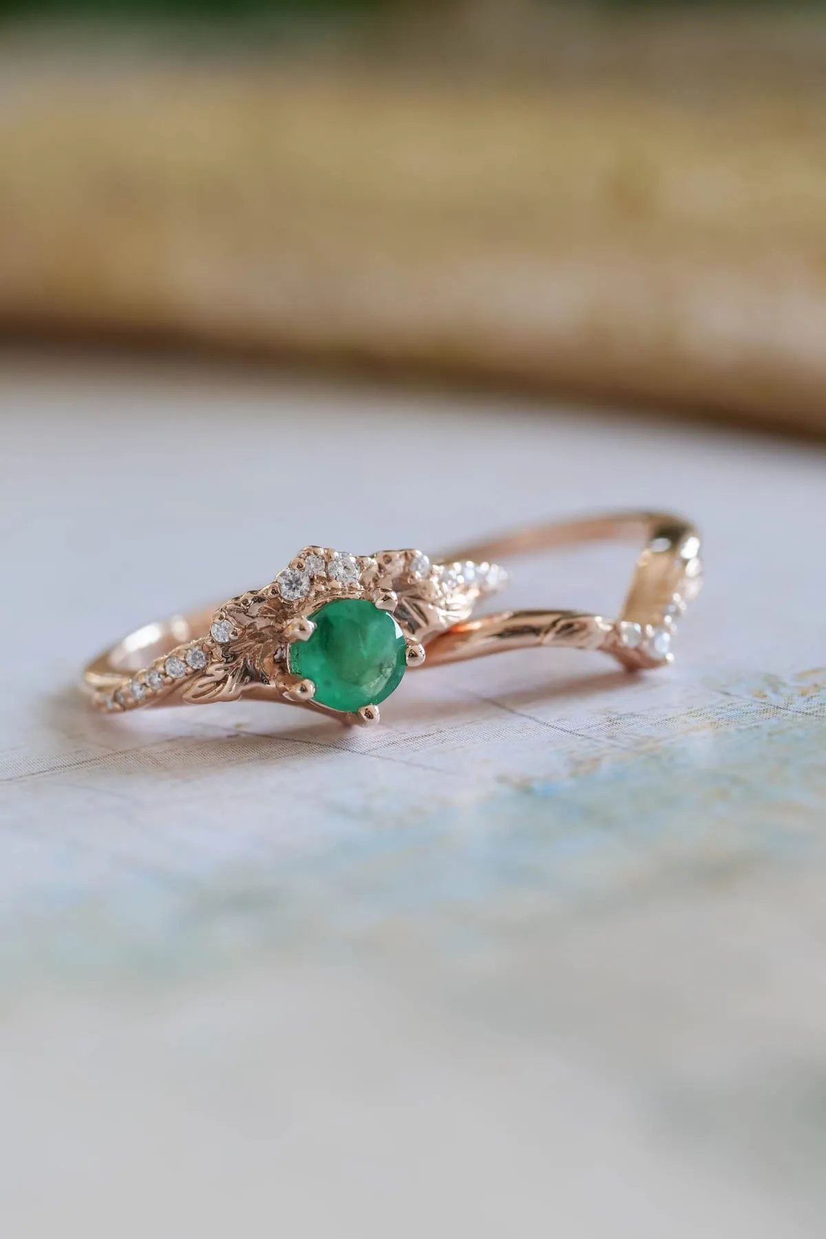 Natural emerald engagement ring set, nature inspired gold rings / Amelia