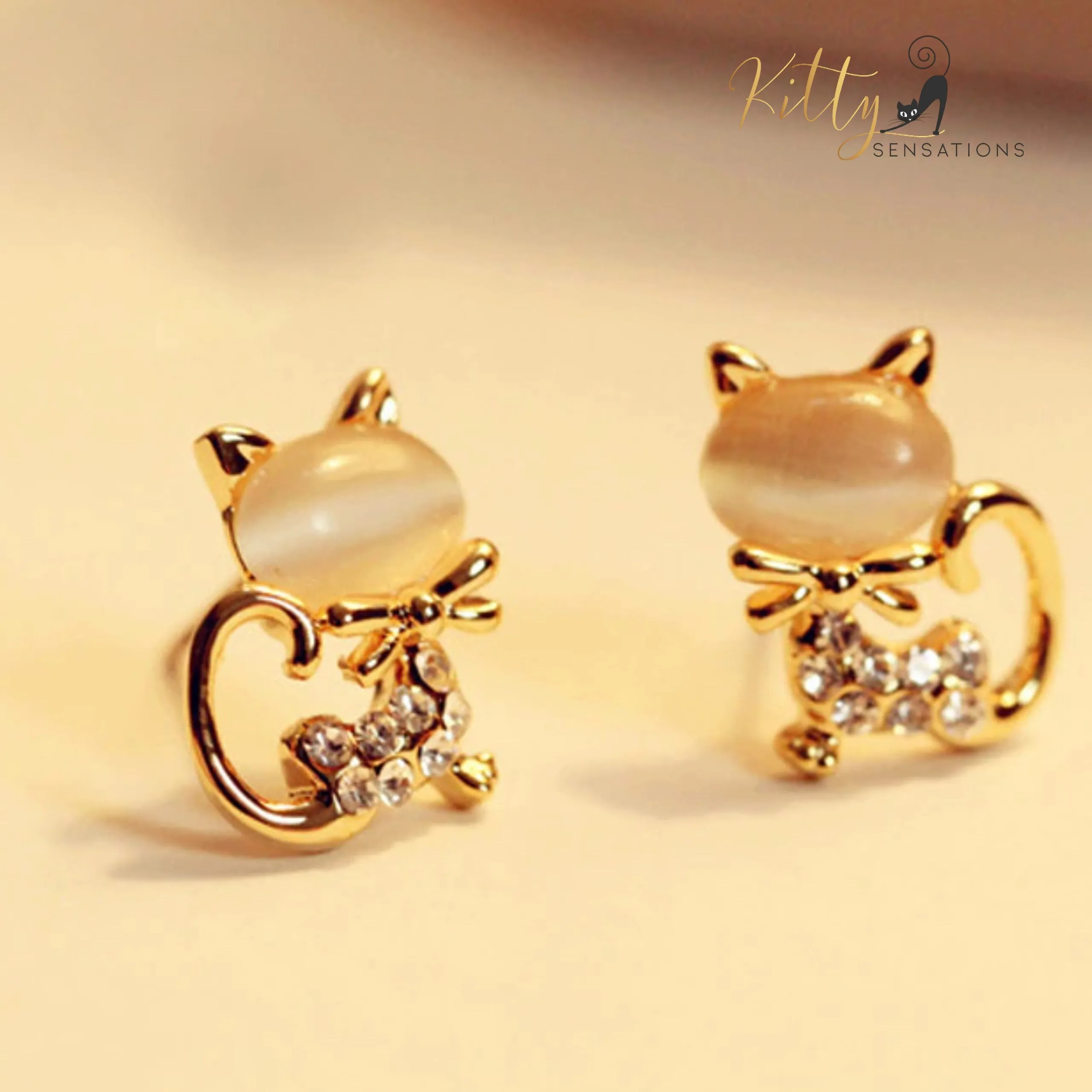 Natural Opal Bow Cat CZ Stud Earrings (White or Pink)