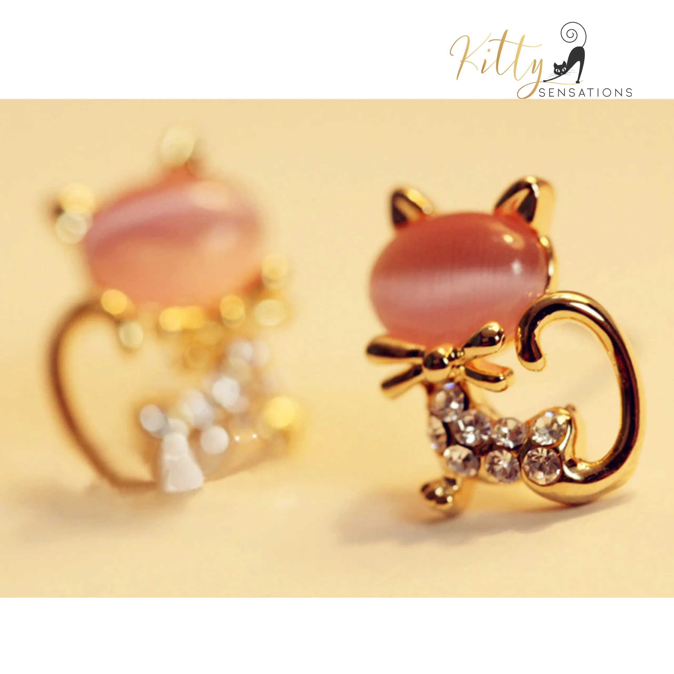 Natural Opal Bow Cat CZ Stud Earrings (White or Pink)