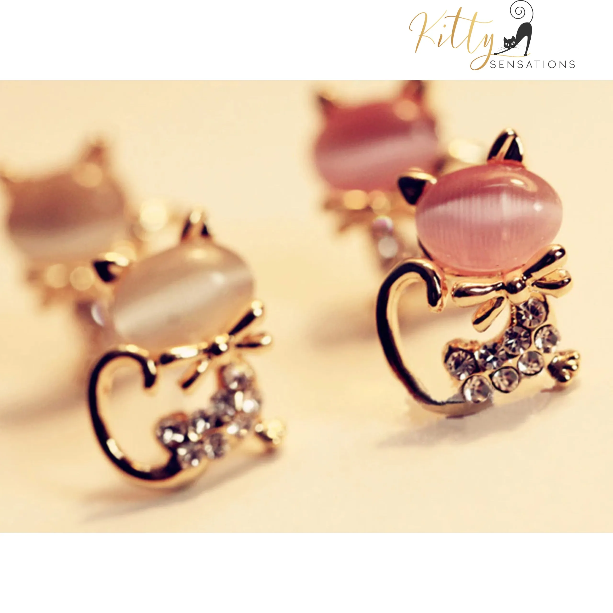 Natural Opal Bow Cat CZ Stud Earrings (White or Pink)