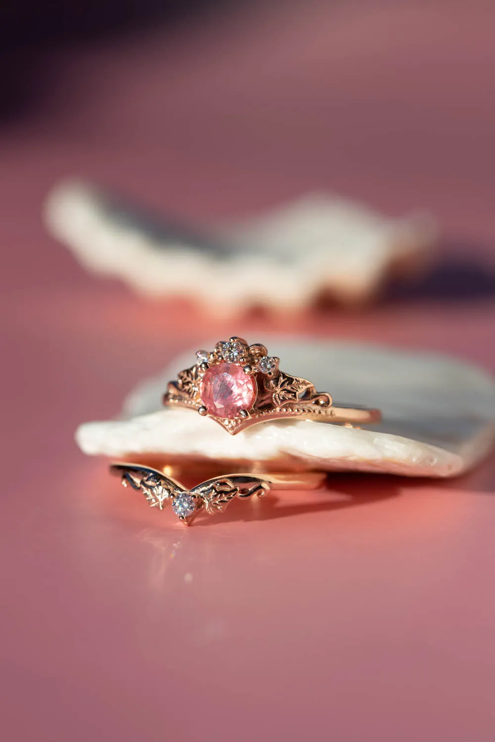 Natural padparadscha colour sapphire bridal ring set, rose gold ivy leaves rings with diamonds / Ariadne