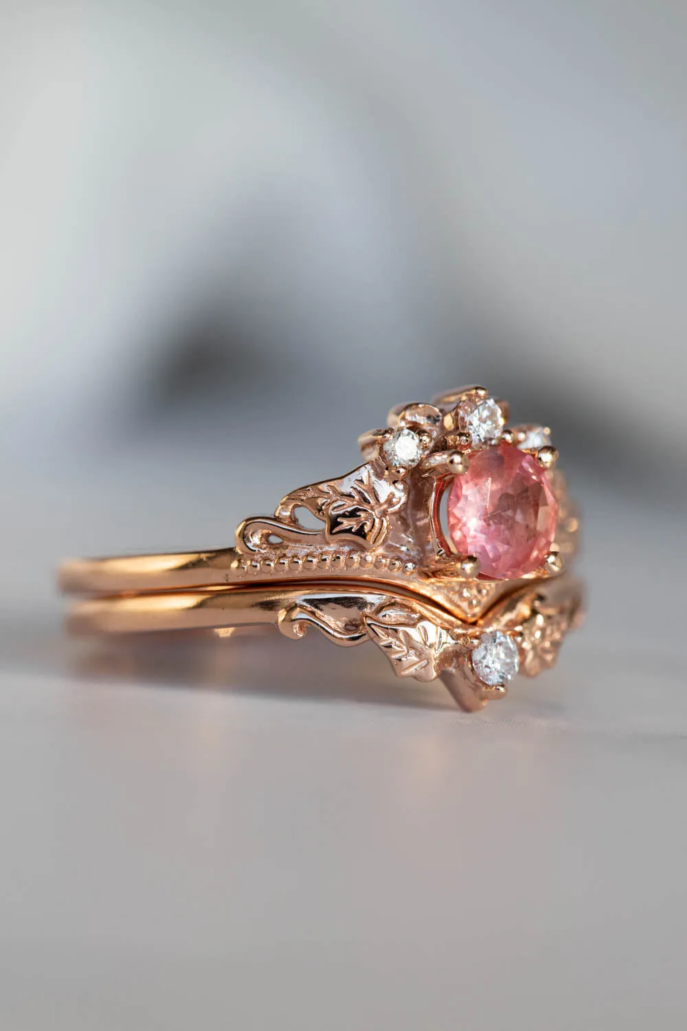 Natural padparadscha colour sapphire bridal ring set, rose gold ivy leaves rings with diamonds / Ariadne