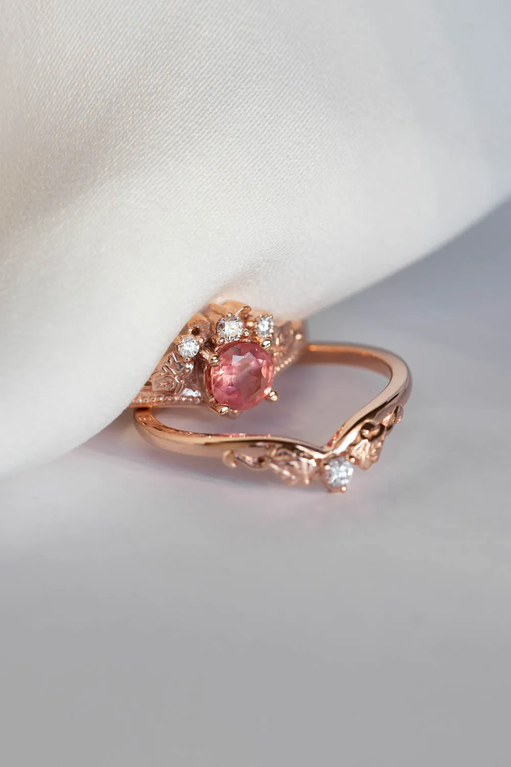 Natural padparadscha colour sapphire bridal ring set, rose gold ivy leaves rings with diamonds / Ariadne