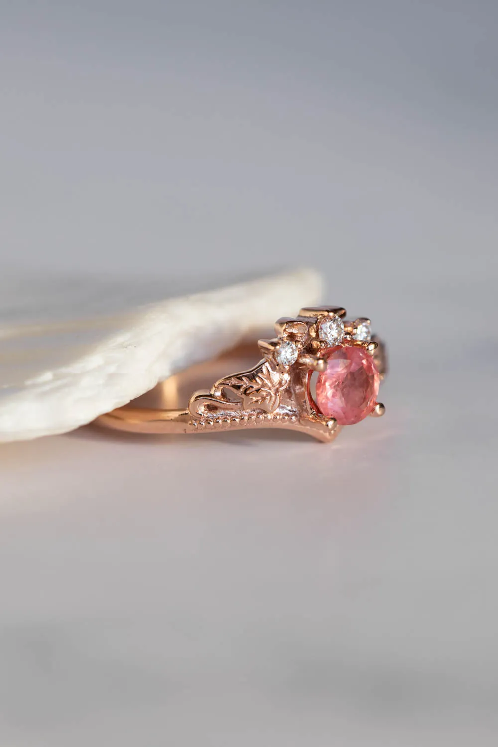 Natural padparadscha colour sapphire bridal ring set, rose gold ivy leaves rings with diamonds / Ariadne