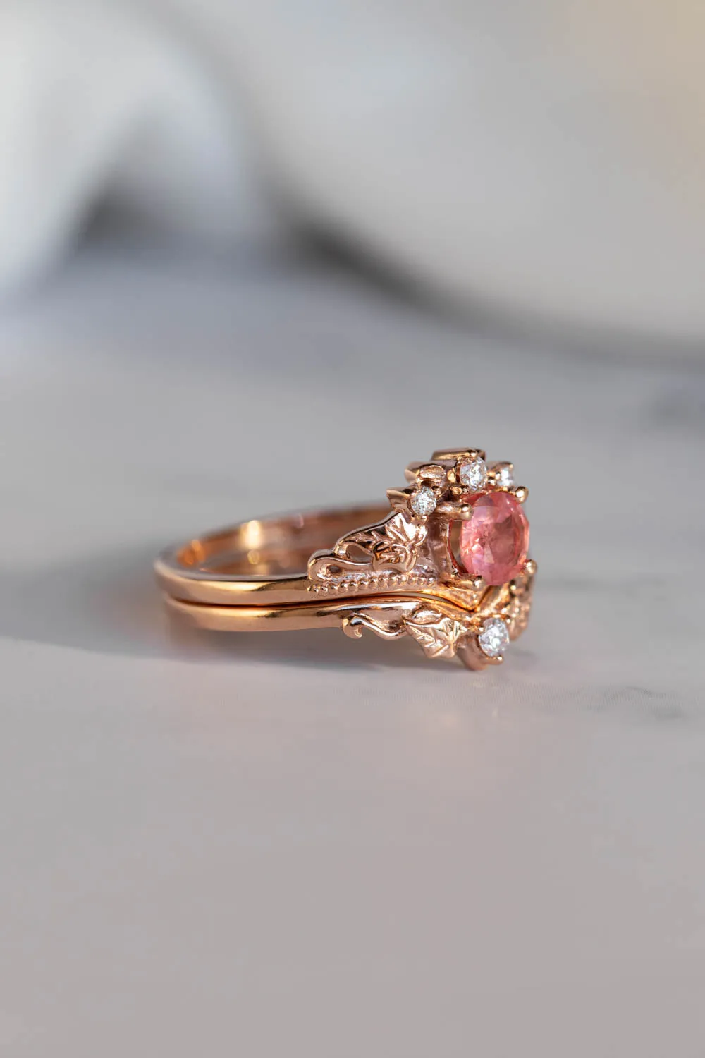 Natural padparadscha colour sapphire bridal ring set, rose gold ivy leaves rings with diamonds / Ariadne