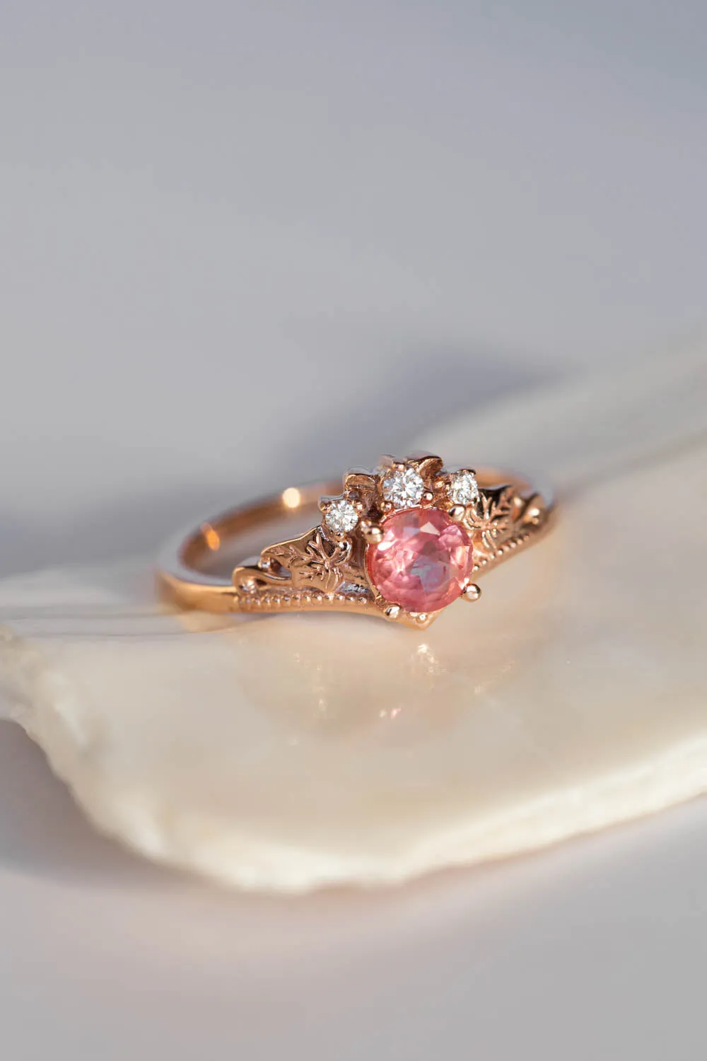 Natural padparadscha colour sapphire bridal ring set, rose gold ivy leaves rings with diamonds / Ariadne