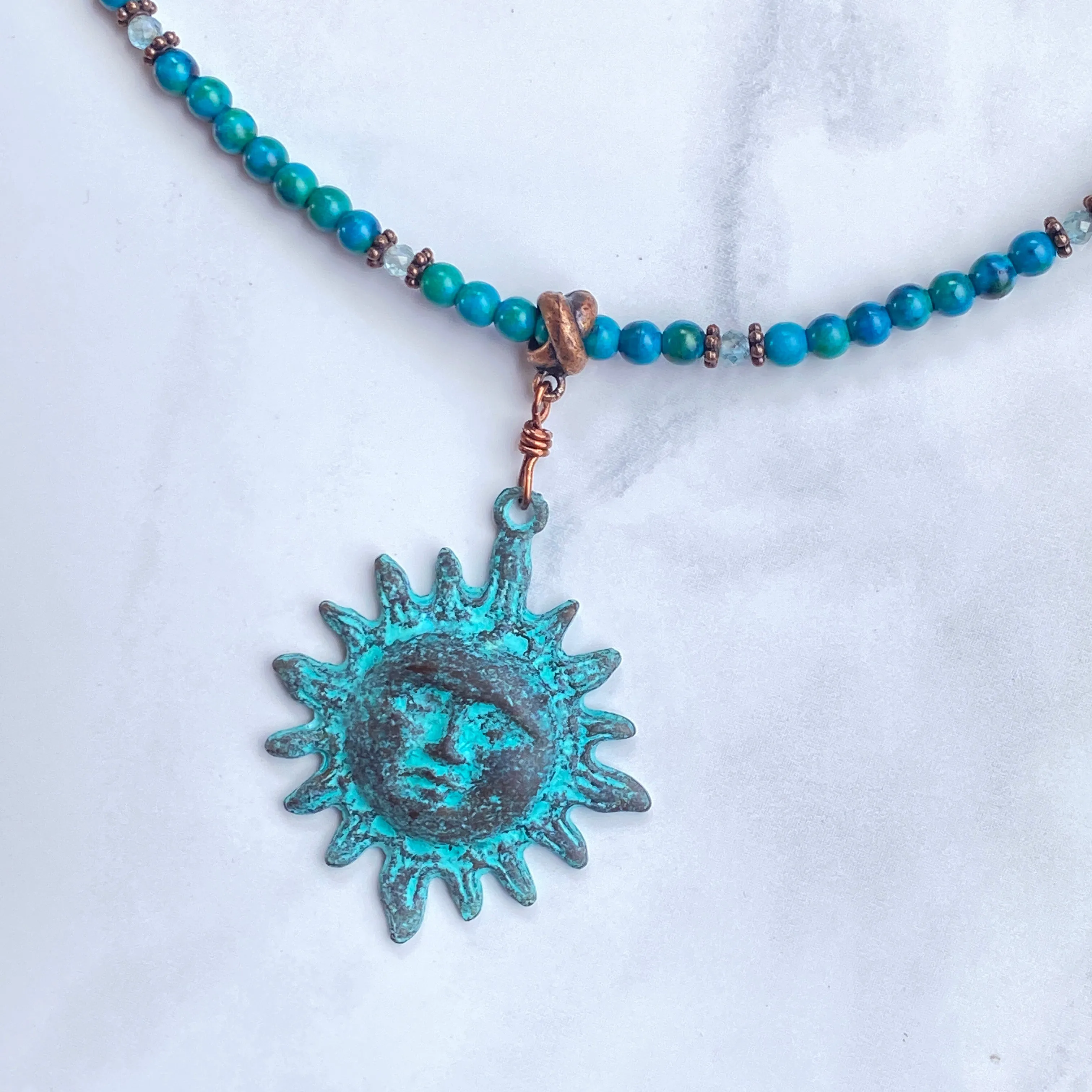 Natural Turquoise gemstone  and copper Sun pendant beaded necklace