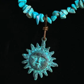 Natural Turquoise gemstone  and copper Sun pendant beaded necklace