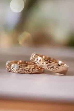 Nature wedding band set for couple / Wisteria