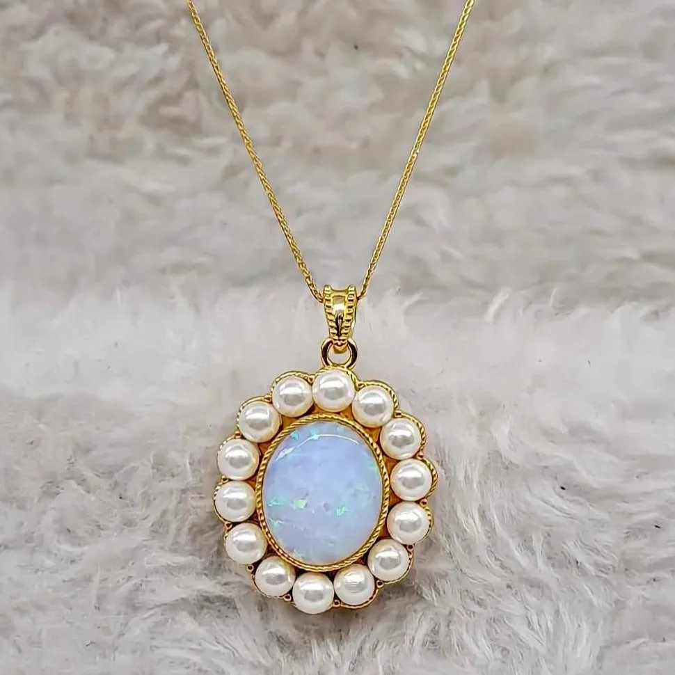 Opal Pearl Halo Pendant Necklace 18K