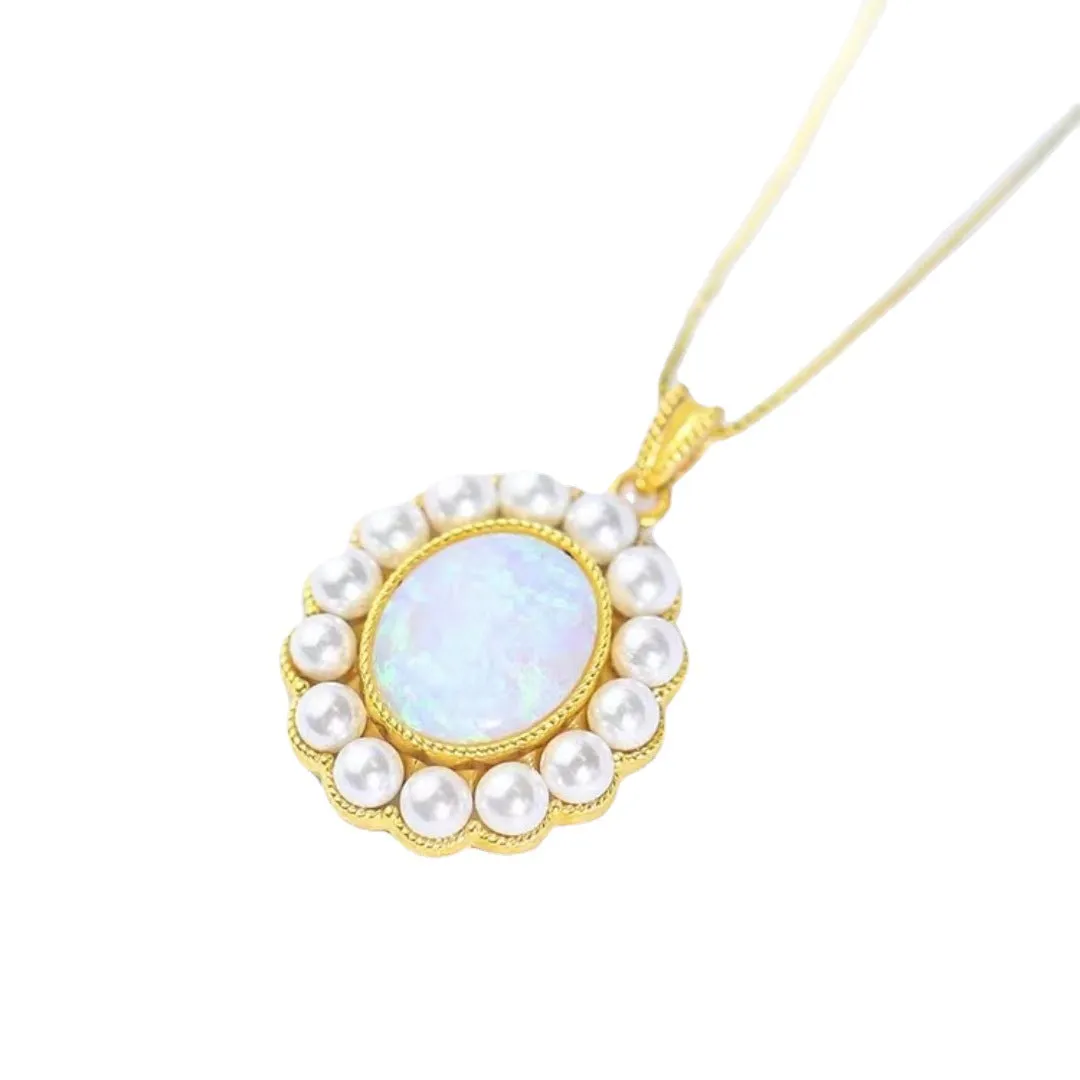 Opal Pearl Halo Pendant Necklace 18K