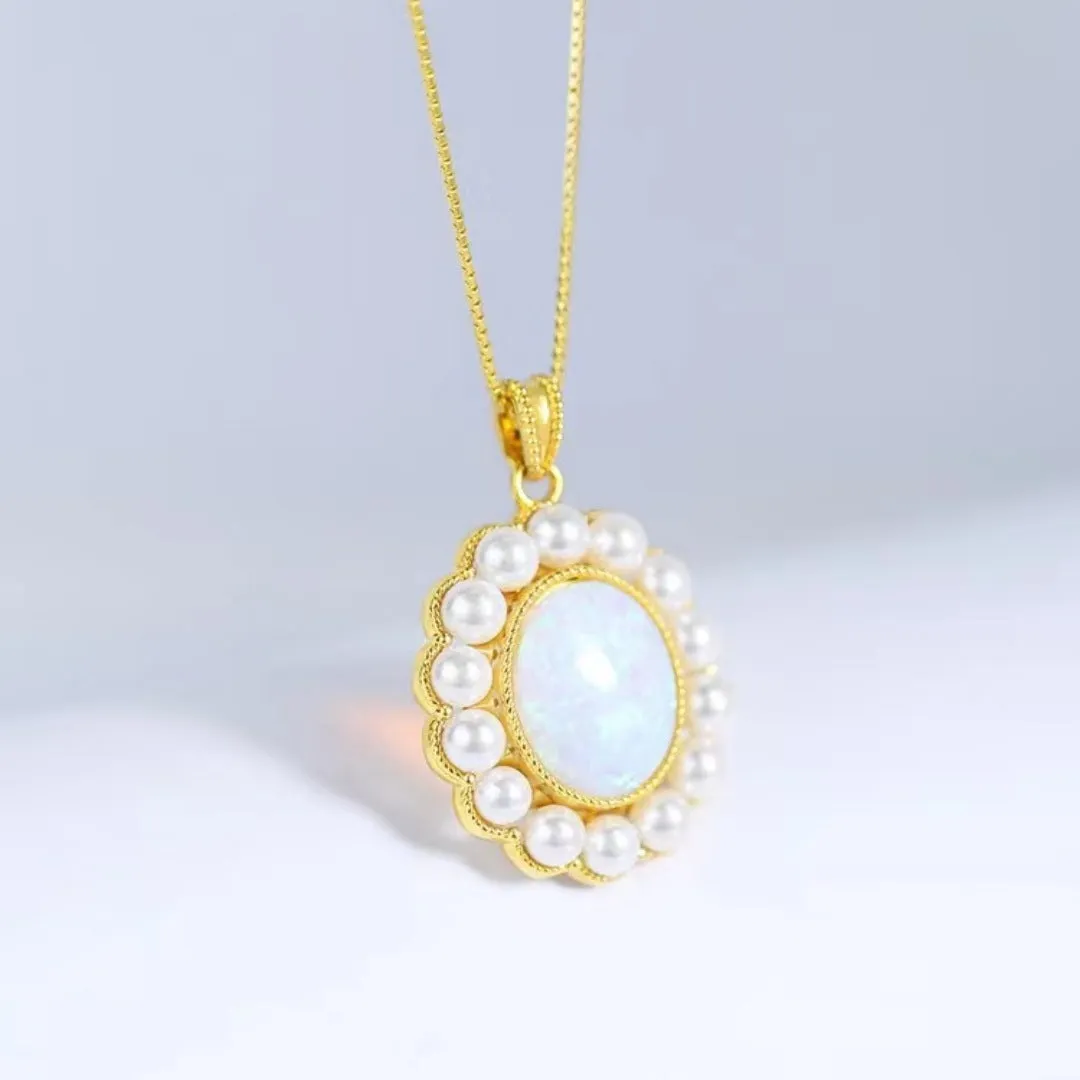 Opal Pearl Halo Pendant Necklace 18K