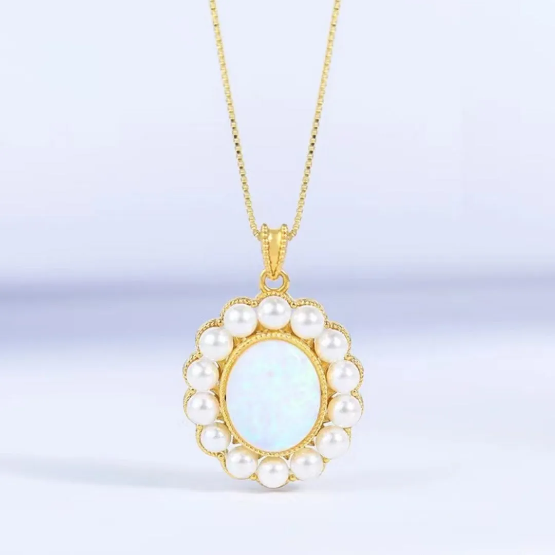 Opal Pearl Halo Pendant Necklace 18K