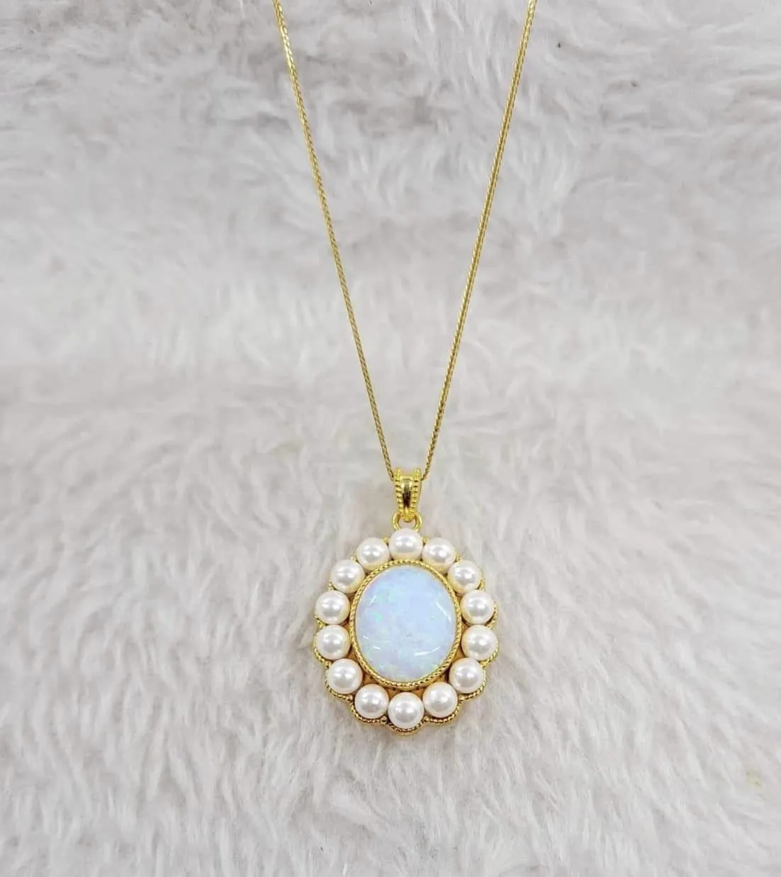 Opal Pearl Halo Pendant Necklace 18K