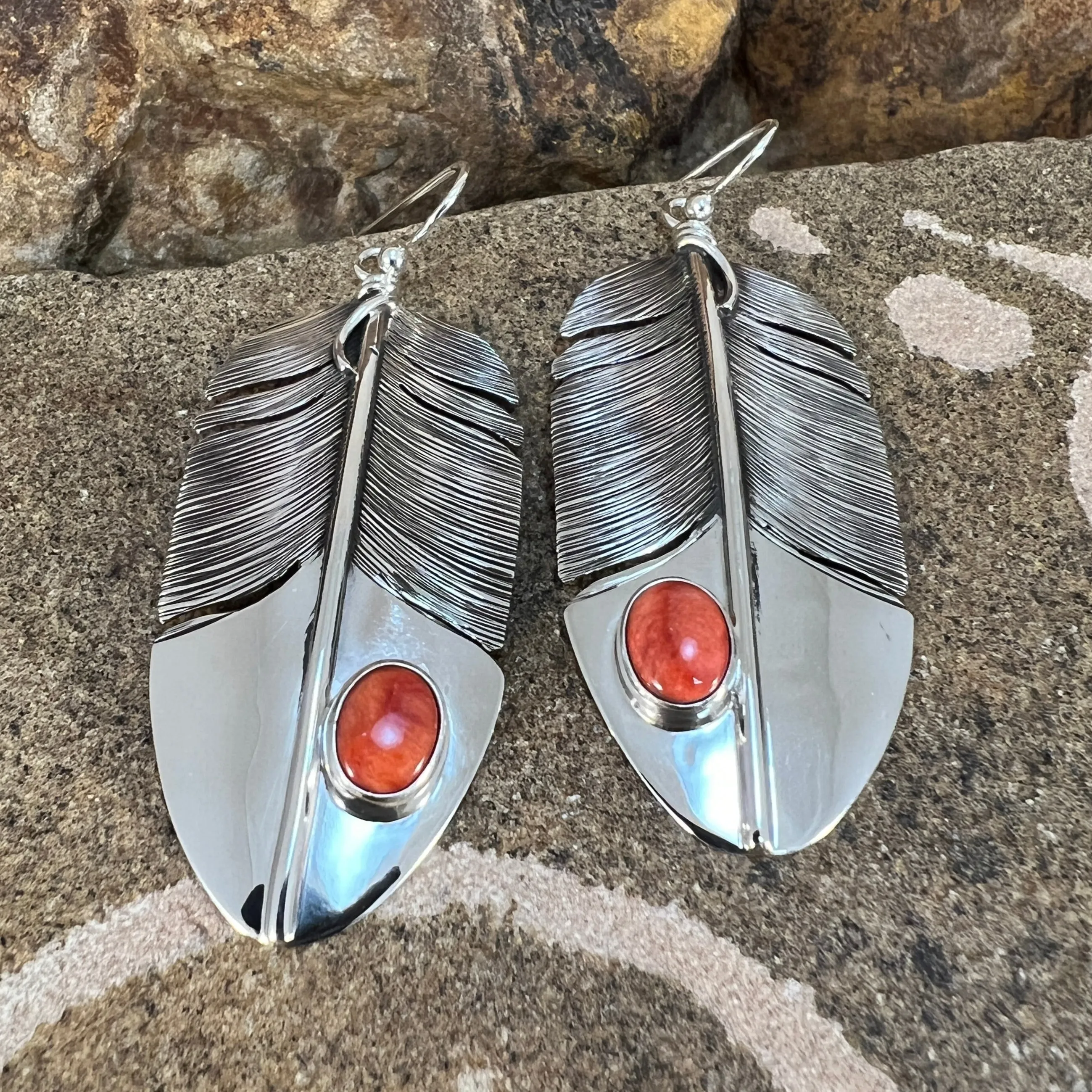 Orange Spiny Oyster Sterling Sliver Feather Earrings by Lena Platero