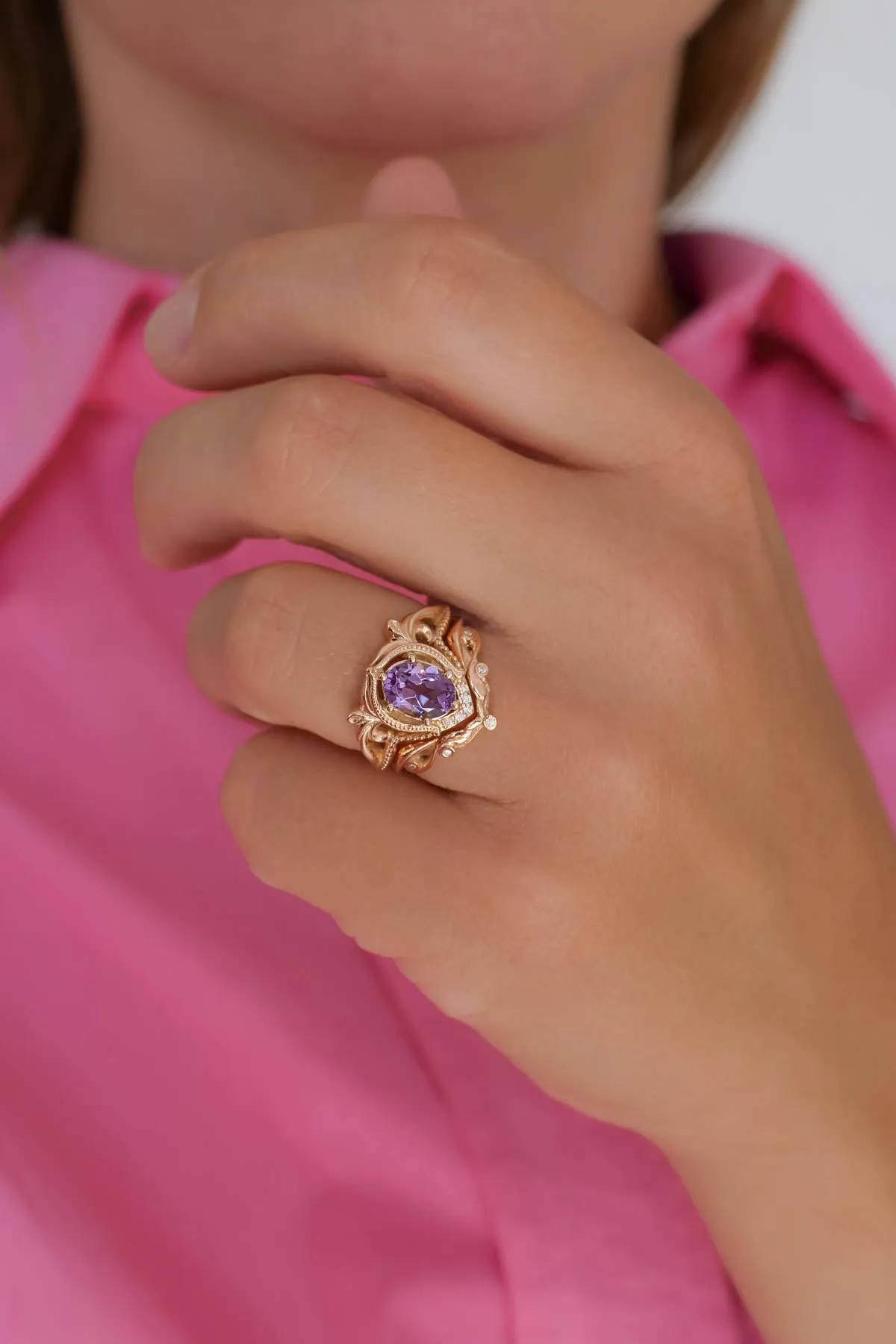 Ornate engagement ring set with amethyst, vintage inspired gold rings / Lida