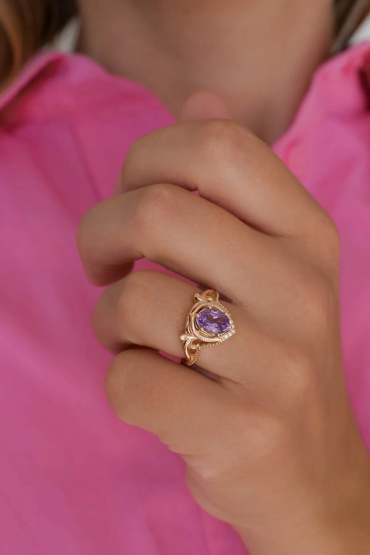 Ornate engagement ring set with amethyst, vintage inspired gold rings / Lida