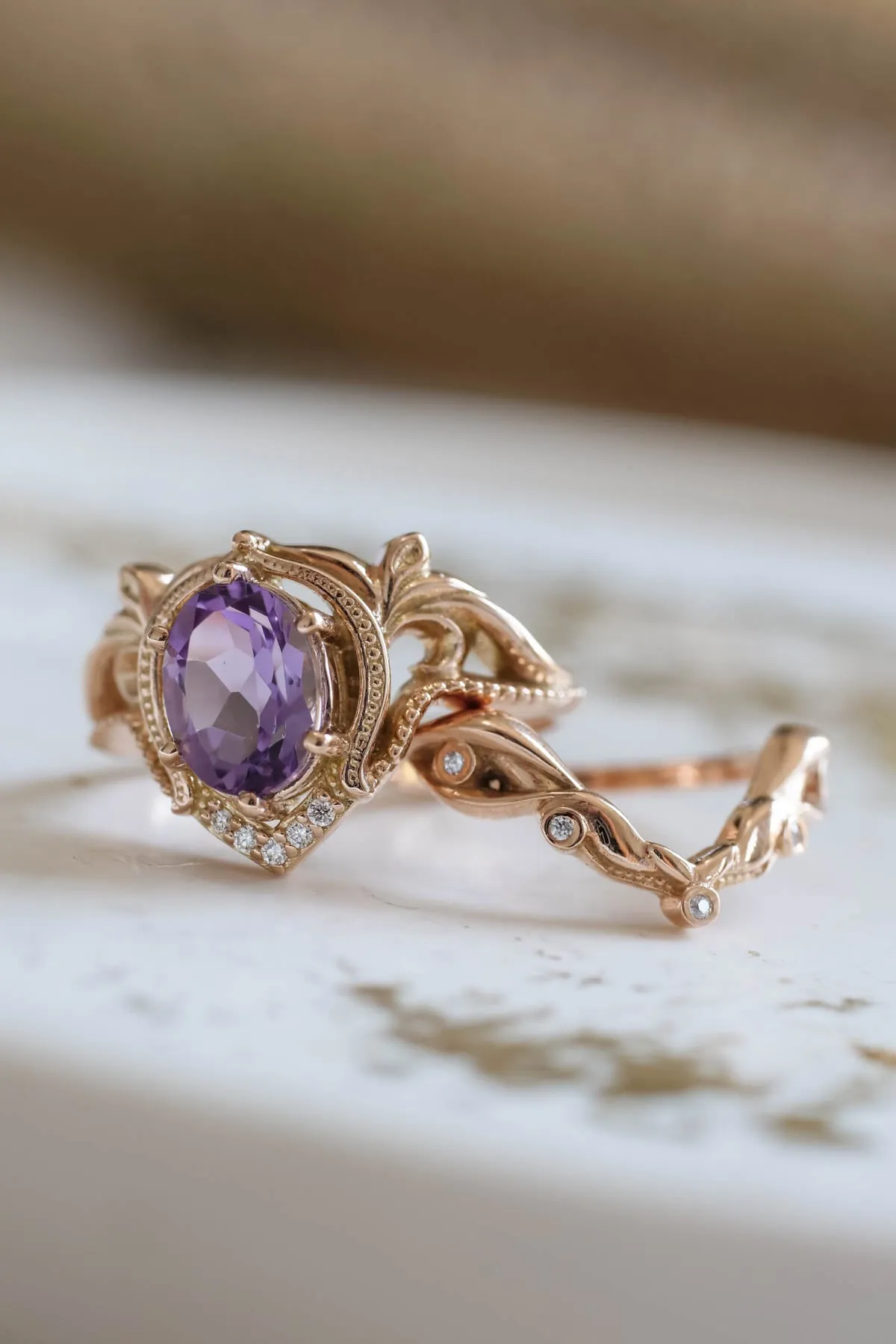 Ornate engagement ring set with amethyst, vintage inspired gold rings / Lida