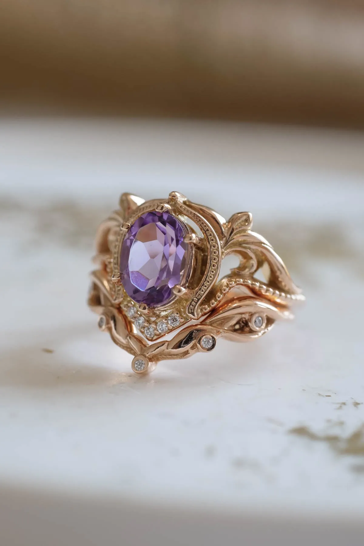 Ornate engagement ring set with amethyst, vintage inspired gold rings / Lida