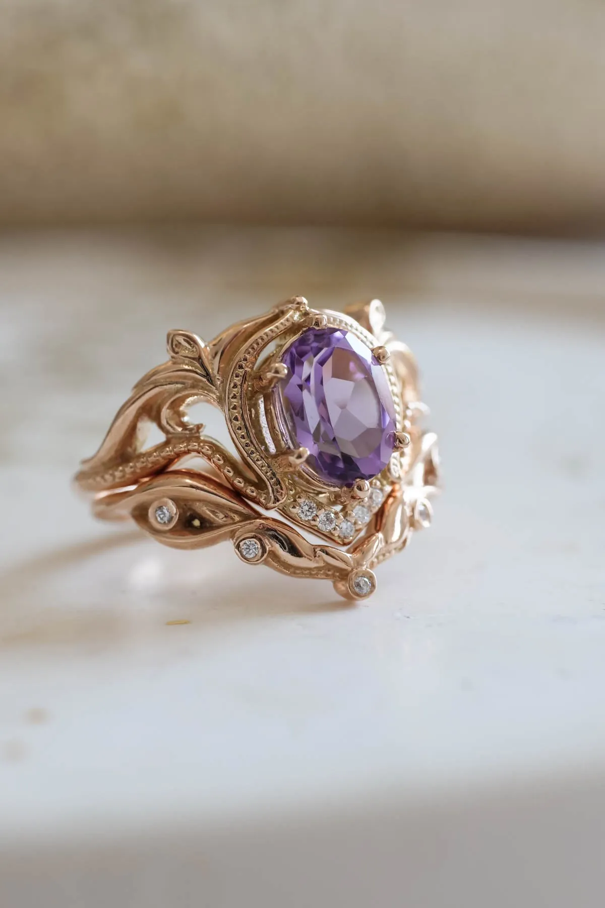 Ornate engagement ring set with amethyst, vintage inspired gold rings / Lida