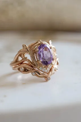 Ornate engagement ring set with amethyst, vintage inspired gold rings / Lida