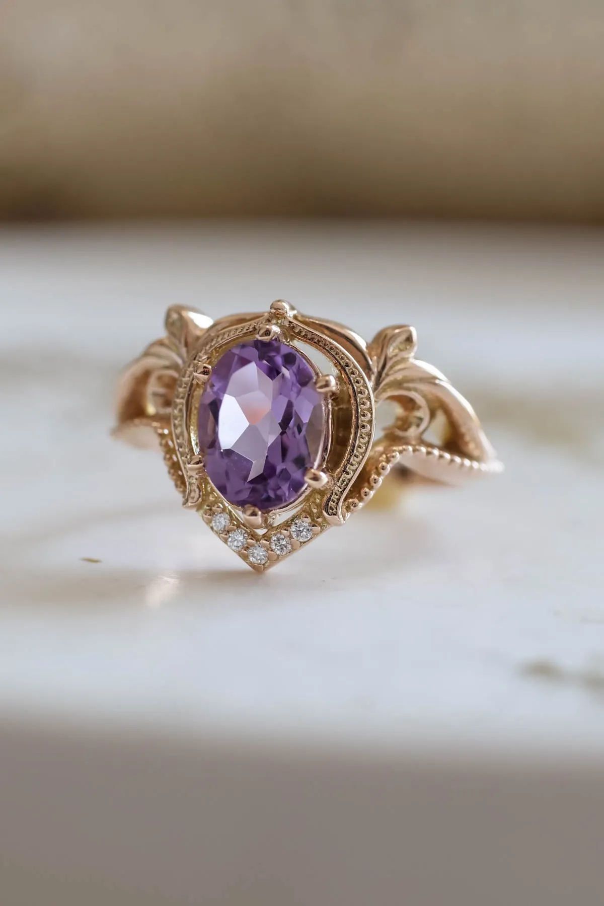 Ornate engagement ring set with amethyst, vintage inspired gold rings / Lida