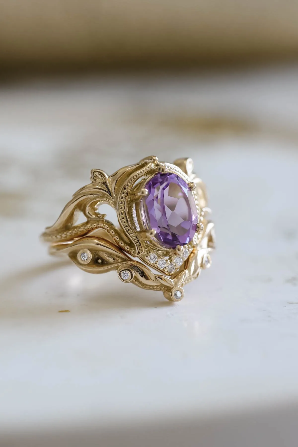 Ornate engagement ring set with amethyst, vintage inspired gold rings / Lida