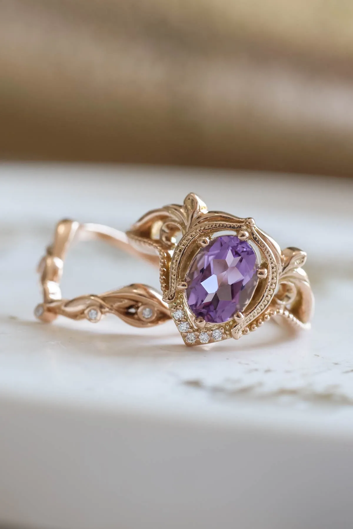 Ornate engagement ring set with amethyst, vintage inspired gold rings / Lida