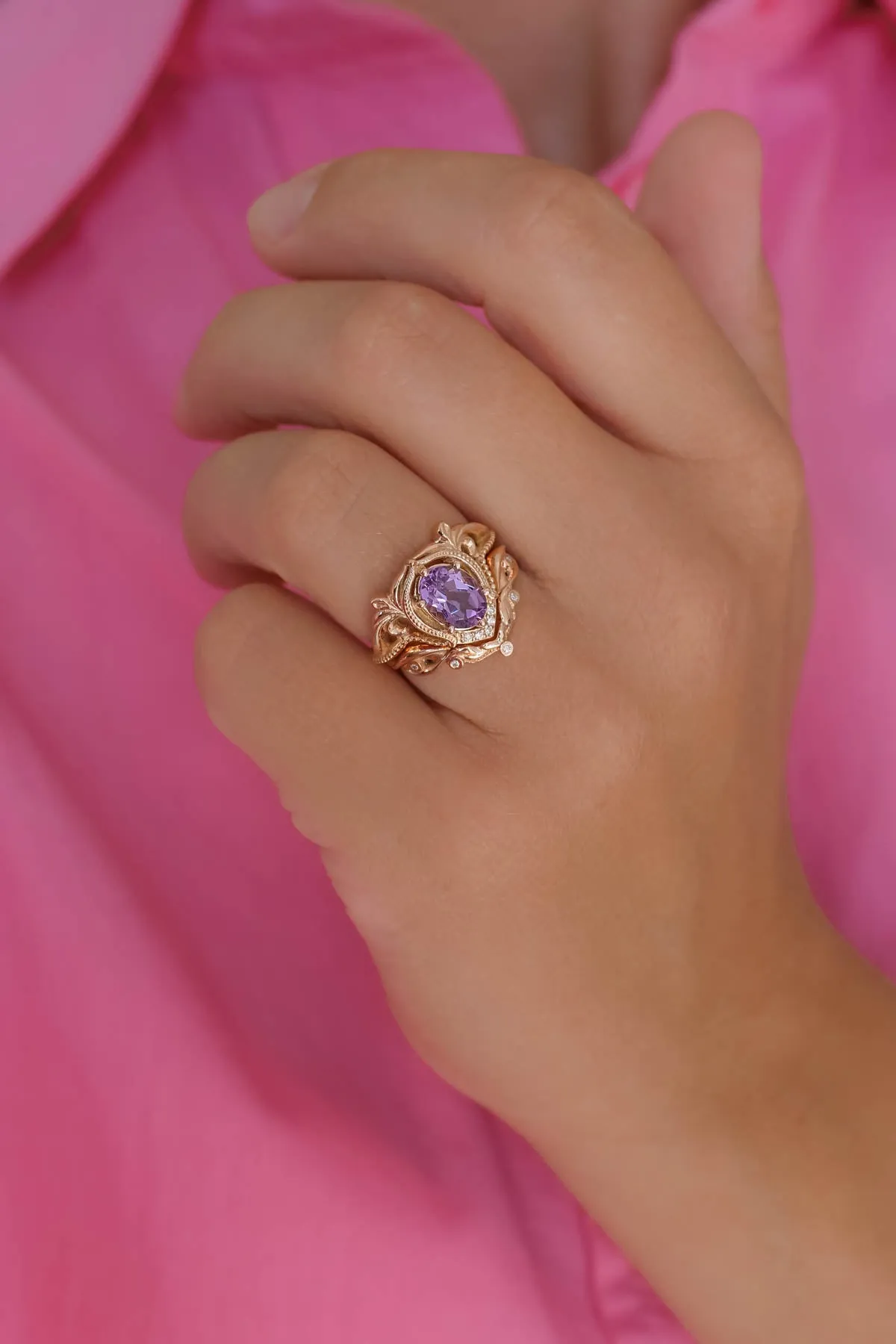 Ornate engagement ring set with amethyst, vintage inspired gold rings / Lida