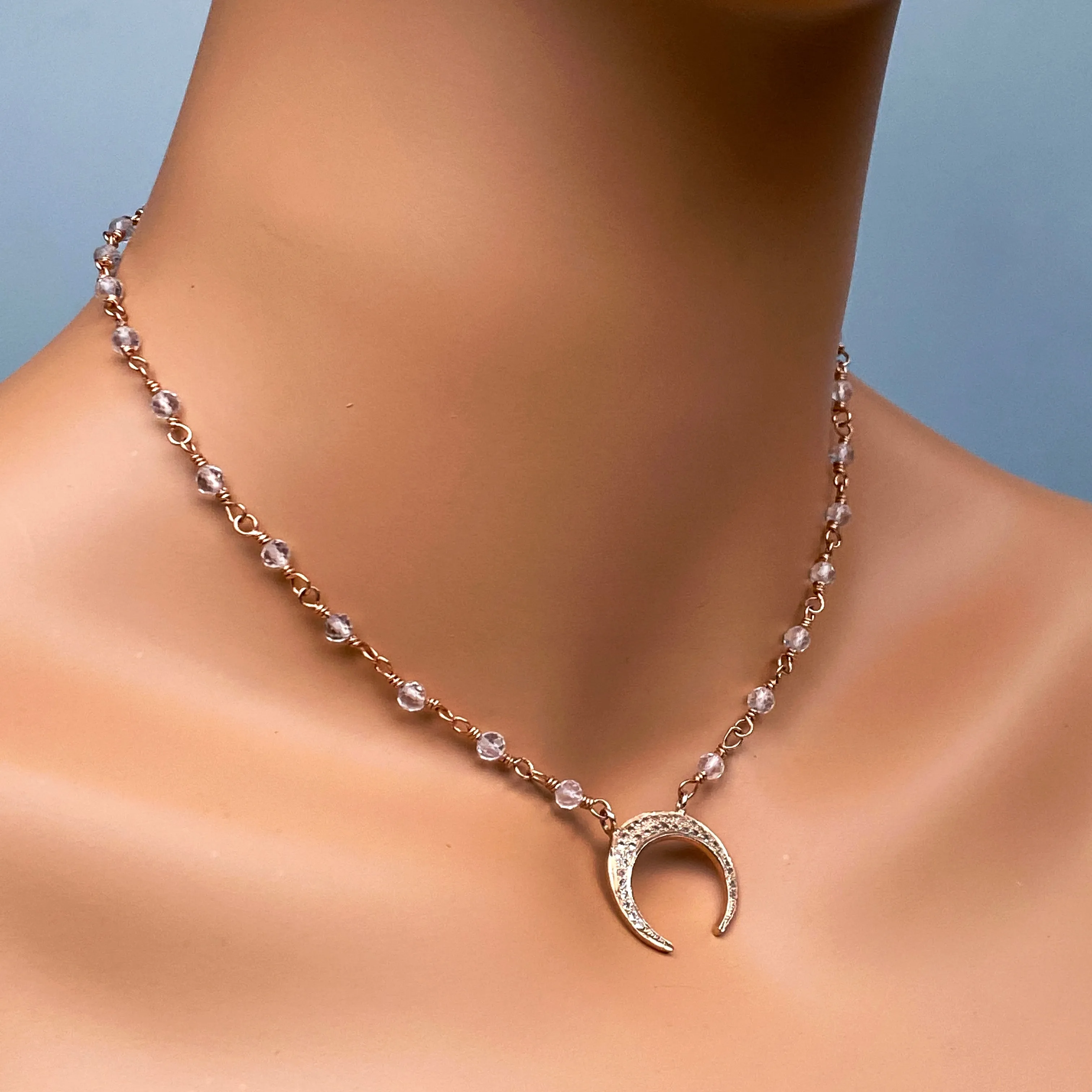 Pave White Topaz gemstones with Rose Gold Moon pendant chain necklace