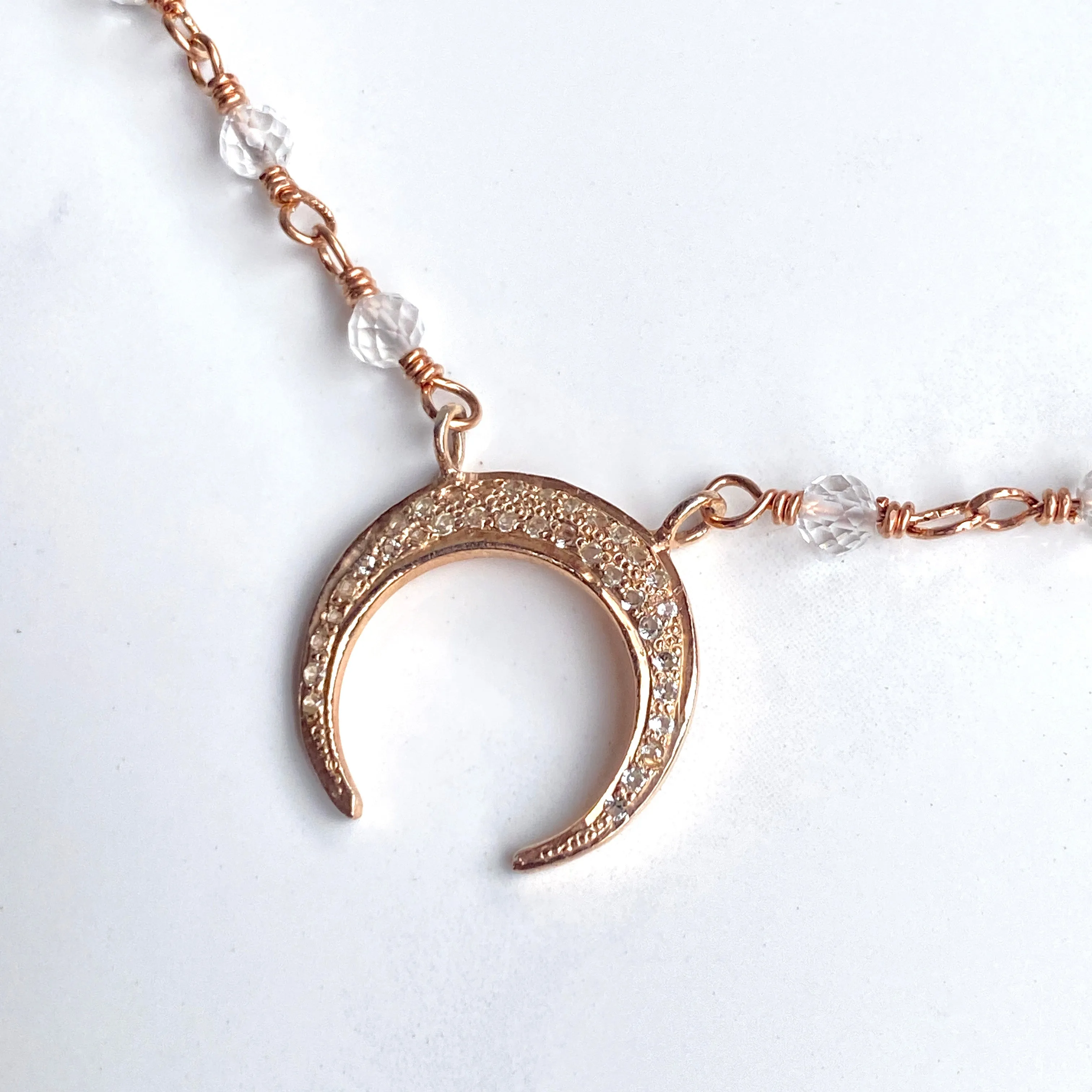 Pave White Topaz gemstones with Rose Gold Moon pendant chain necklace