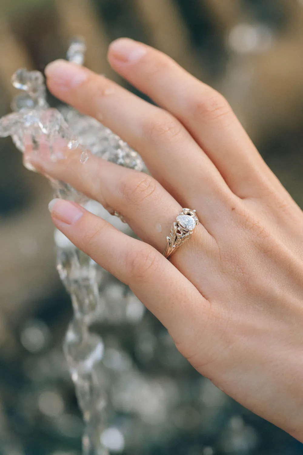 Pear lab grown diamond engagement ring, white gold leaf proposal ring / Wisteria