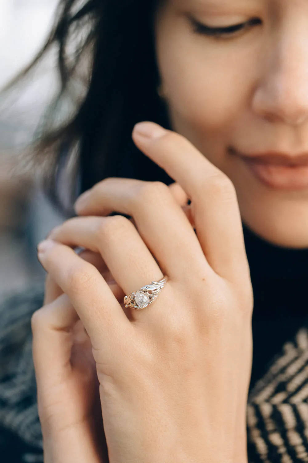 Pear lab grown diamond engagement ring, white gold leaf proposal ring / Wisteria