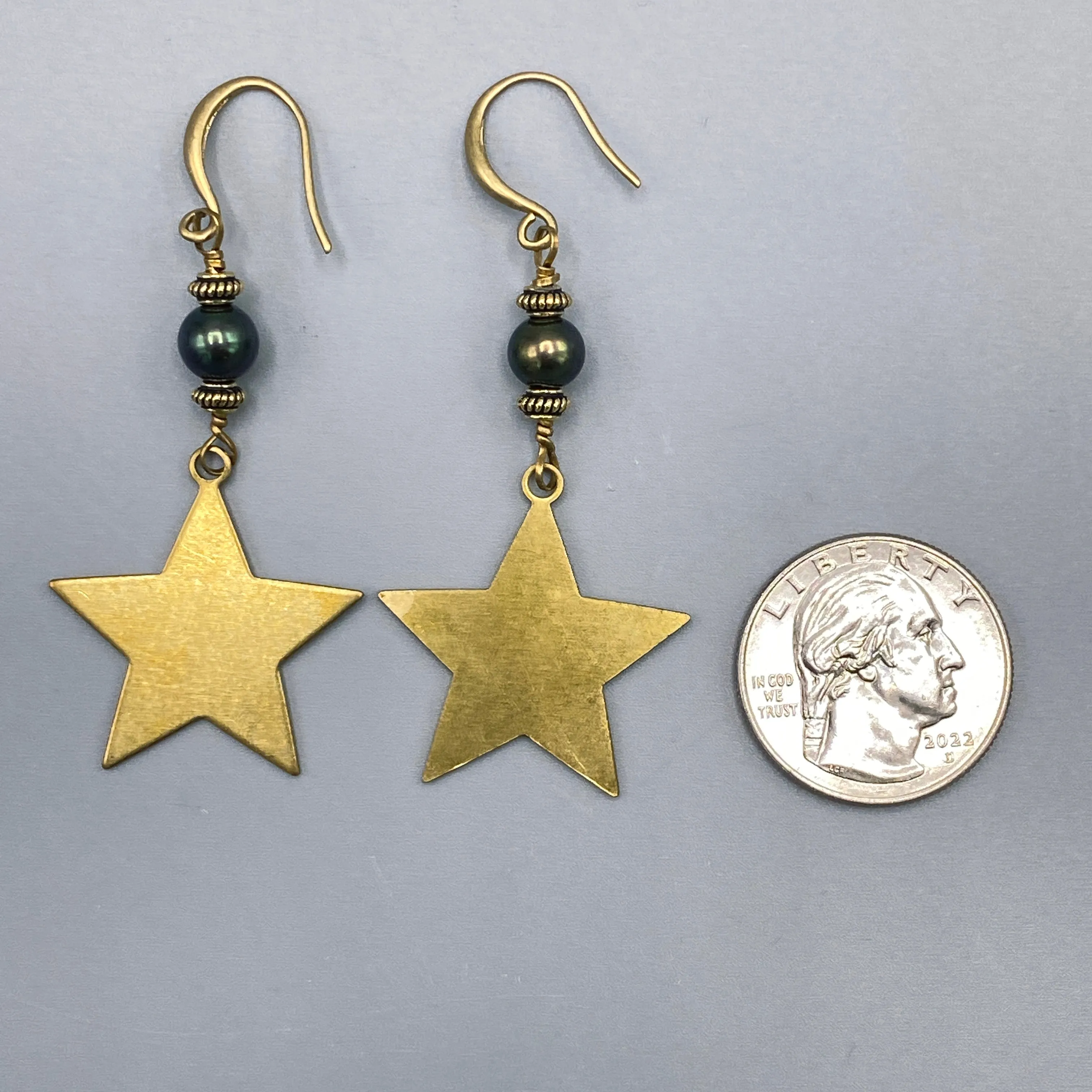 Pearl and Raw Brass Star Earrings