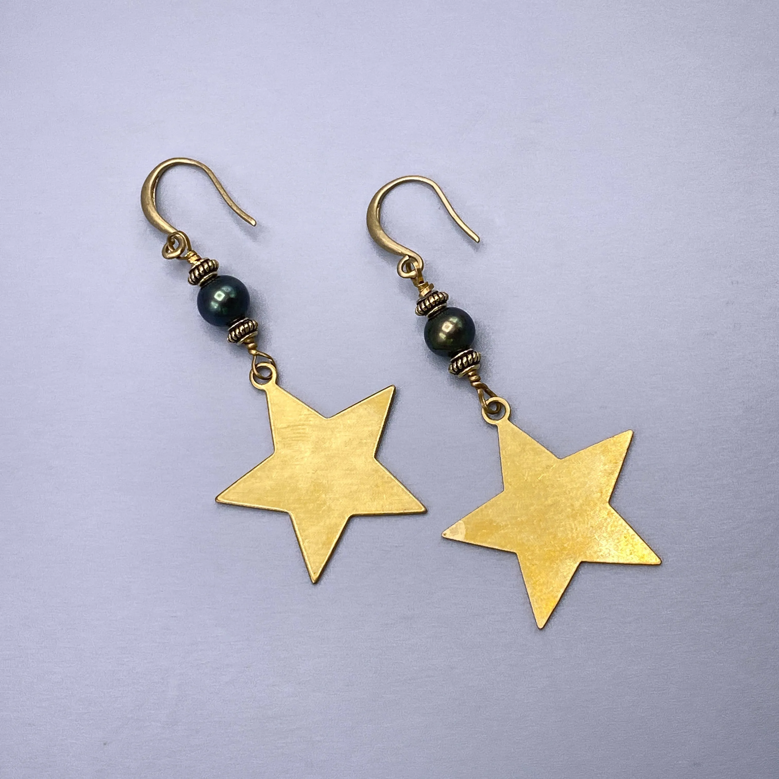 Pearl and Raw Brass Star Earrings