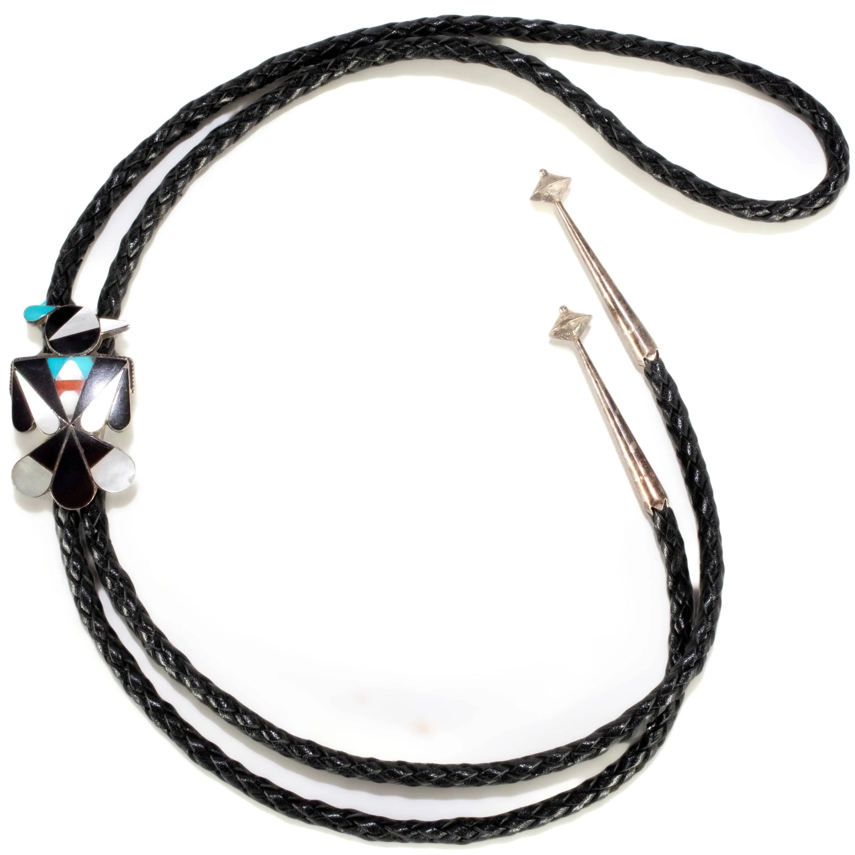 Peyote Bird with Mother of Pearl, Turquoise, Coral, and Jet USA Native American Made 925 Sterling Silver Bolo Tie