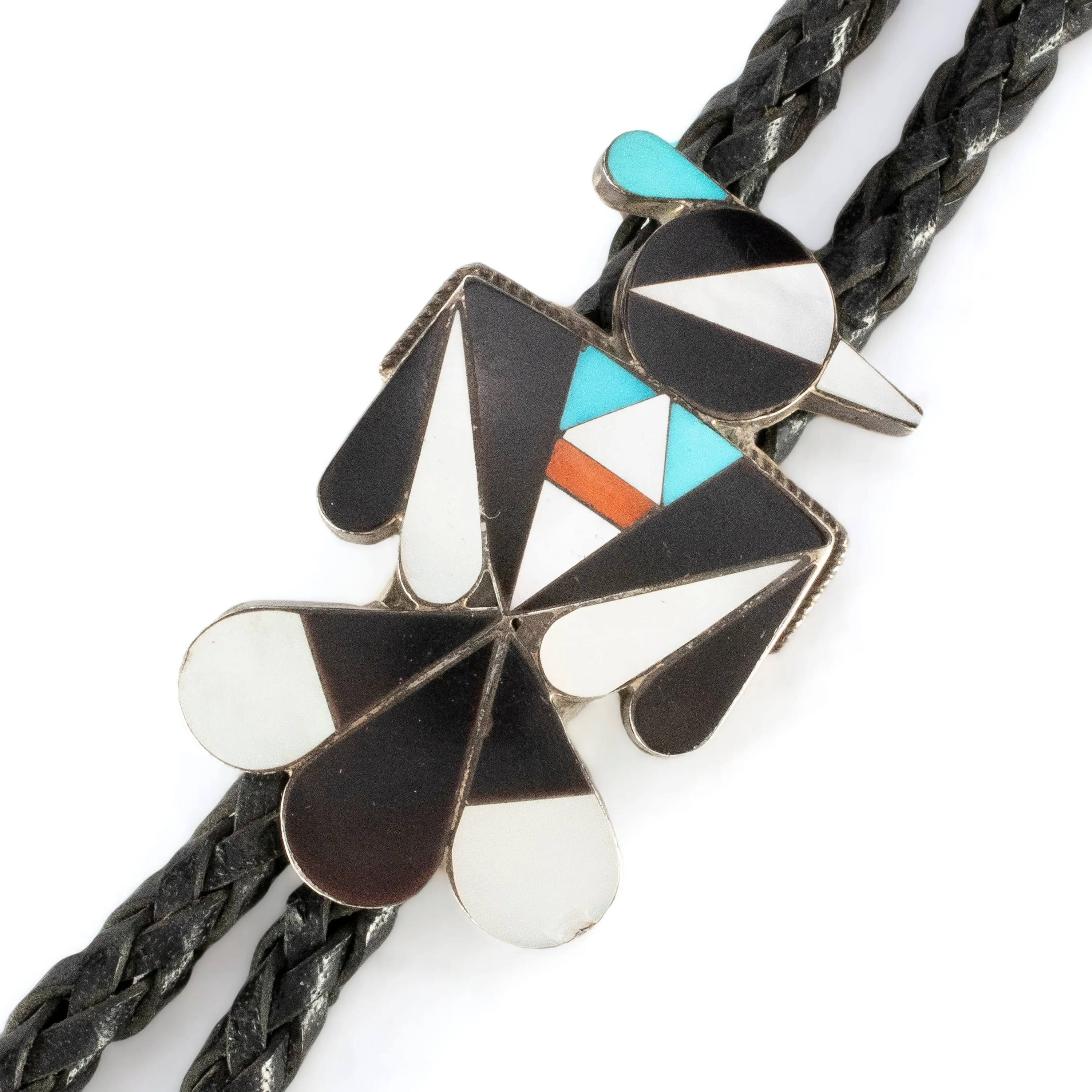 Peyote Bird with Mother of Pearl, Turquoise, Coral, and Jet USA Native American Made 925 Sterling Silver Bolo Tie